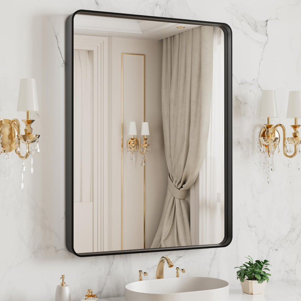 LOAAO Black Metal Framed Bathroom Mirror for Wall, 22X30 Inch Rounded Rectangle Mirror, Matte Black Bathroom Vanity Mirror Farmhouse, Anti-Rust, Hangs Horizontally or Vertically