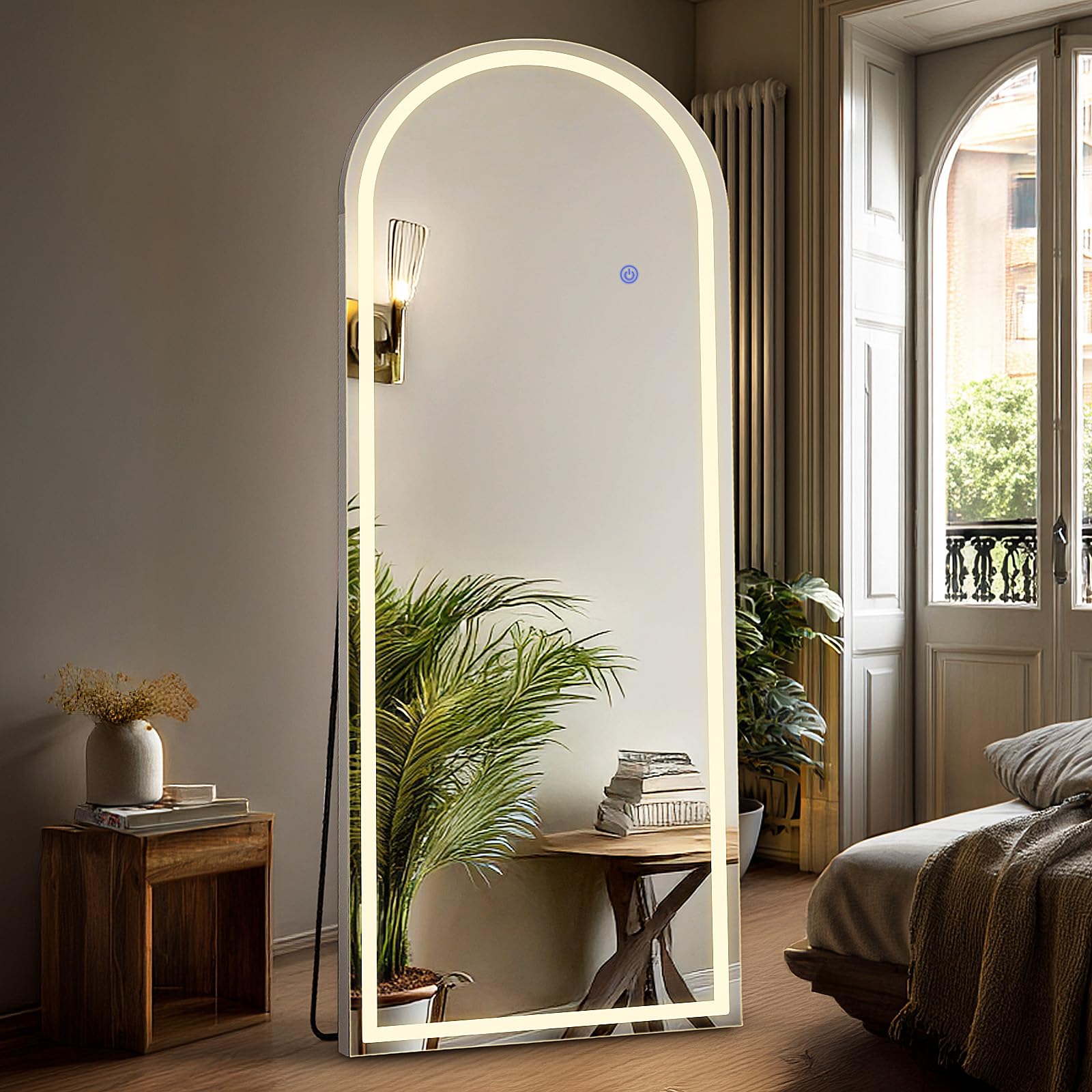 DUMOS Arched LED Mirror Full Length with Stand, 16"x60" Full Body Wall Mirror with LED Lights 3 Color Lighting, Hanging or Leaning, Floor Standing, Modern Simple Home Wall Decor