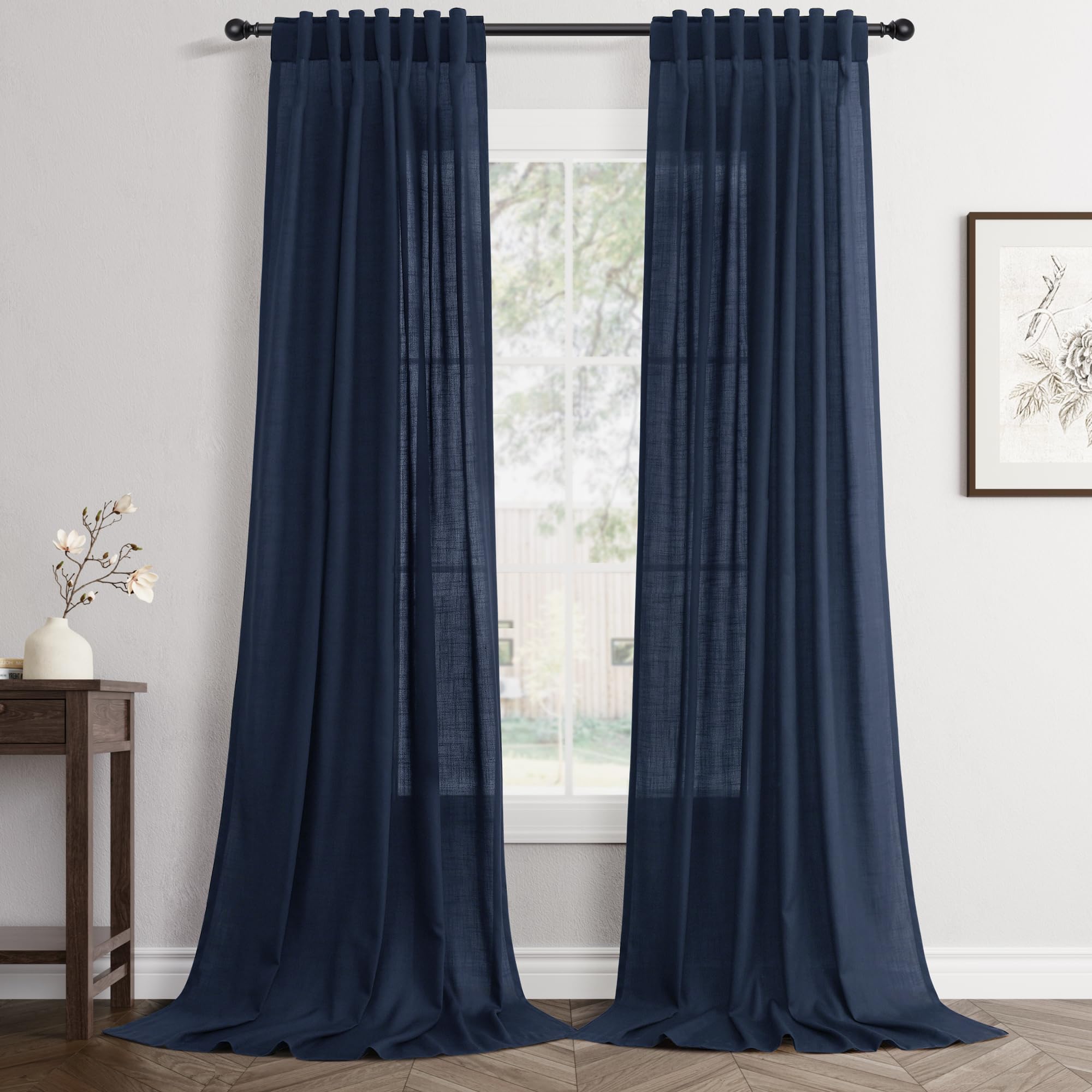 Flax Linen Beige Curtains 96 inches Long 2 Panel for Living Room Back Tab Pocket Drapes Semi Sheer Privacy Khaki Window Curtain Country Rustic Farmhouse Cloth Curtain for Dinning Room Tan