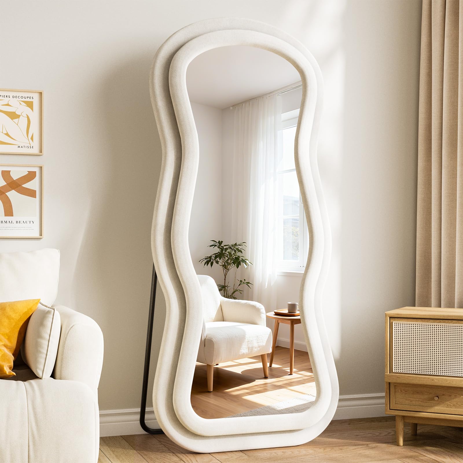 Irregular Full Length Mirror, 63"x24" Flannel Full Body Mirrors, Velvet Floor Mirrors with Stand, Irregular Wavy Mirror Hanging or Leaning Against Wall for Bedroom Living Room, Brown