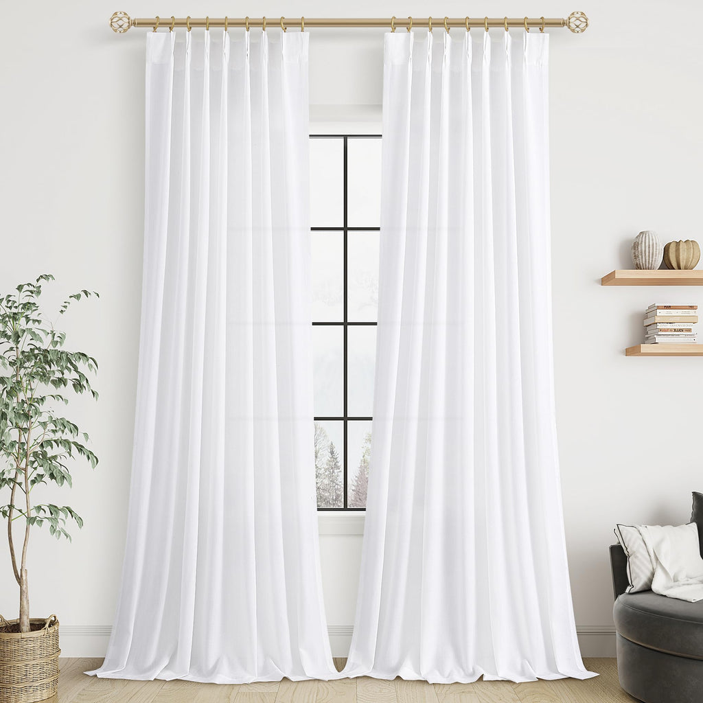 Extra Long Linen Curtains 108 Inch for Living Room Cream Pinch Pleated 9 FT Drapes Semi Sheer Ceiling to Floor Curtain for Bedroom Back Tab Flax Neutral Boho Decor Window, Natural Beige Ivory 2 Panels