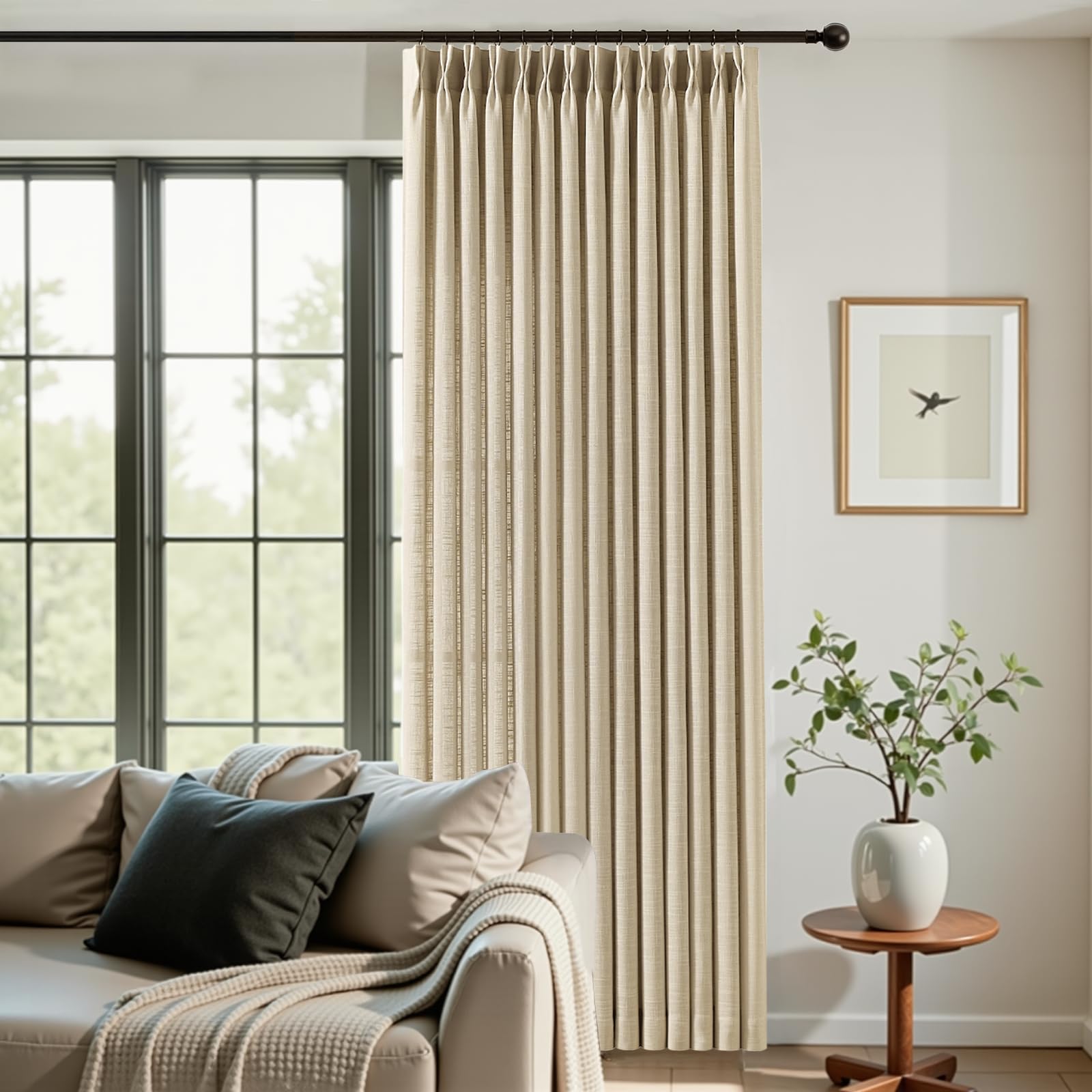 Pinch Pleated Linen Curtains 84 Inch Length 2 Panels Set, Light Filtering Linen Blend Sheer Drapes Memory Trained Pleated Curtain Back Tab with Hooks Rings for Living Room Bedroom, Natural, W40xL84