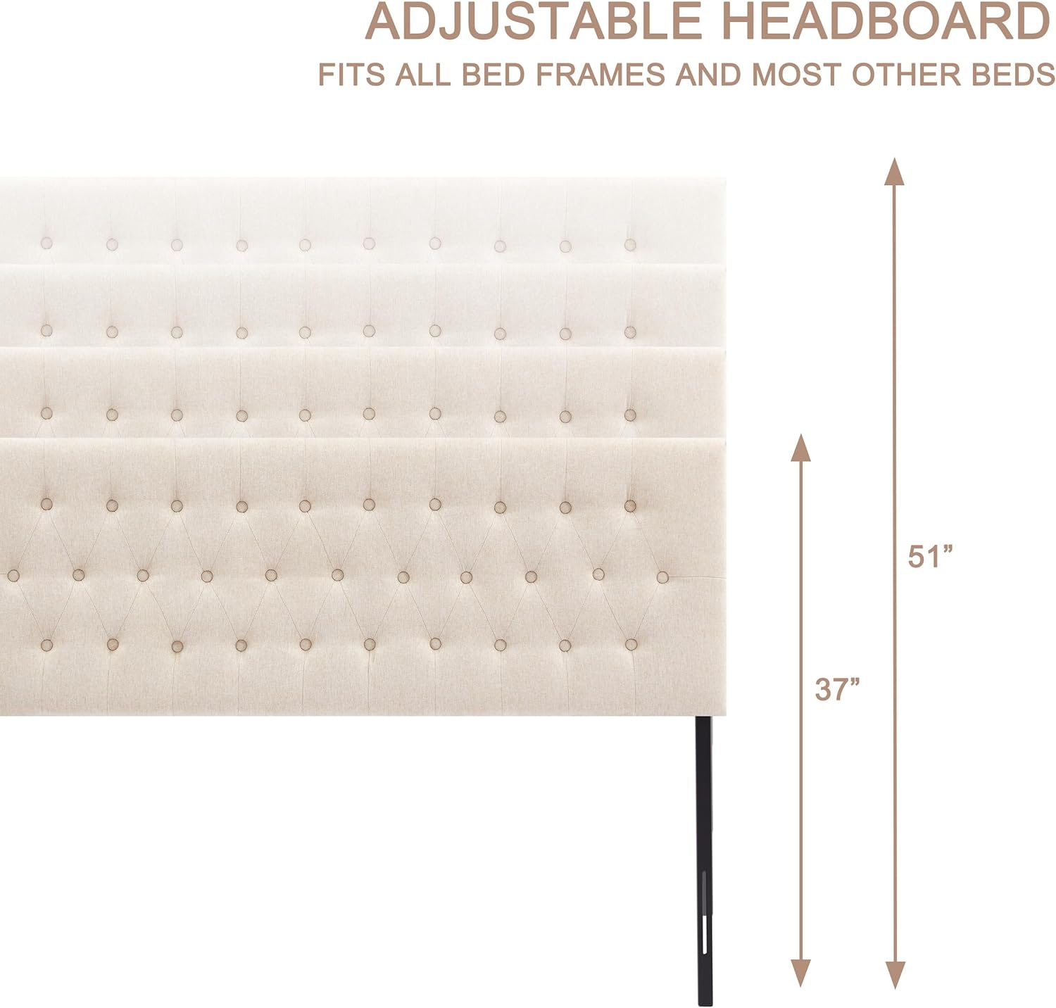 Huatean Home Tufted Upholstered Headboard Queen Size, Solid Wood Head Board with Durable Metal Legs, Adjustable Height Bed headboard from 37” to 51” Fabric Headboard in Modern Button Design, Beige