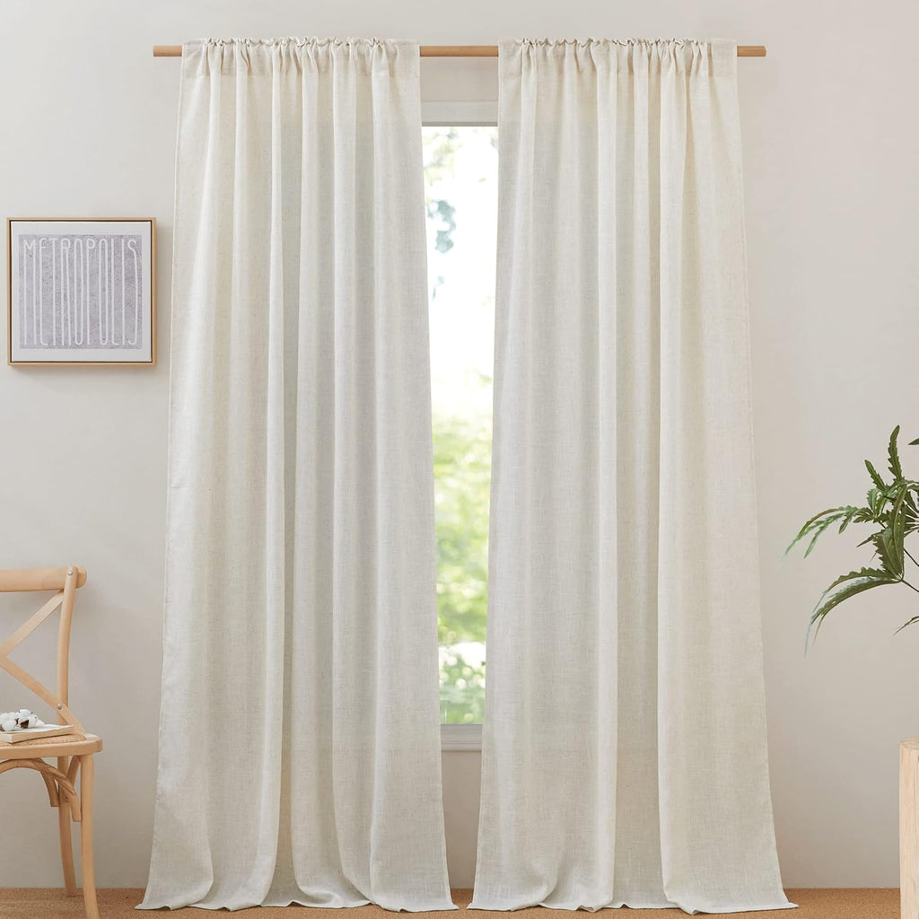 NICETOWN 120 inch Curtains Linen Blend for Bedroom, Rod Pocket & Back Tab Natural Linen Burlap Semi Sheer Window Treatments Privacy with Light Filtering for Living Room, W52 x L120, 2 Panels