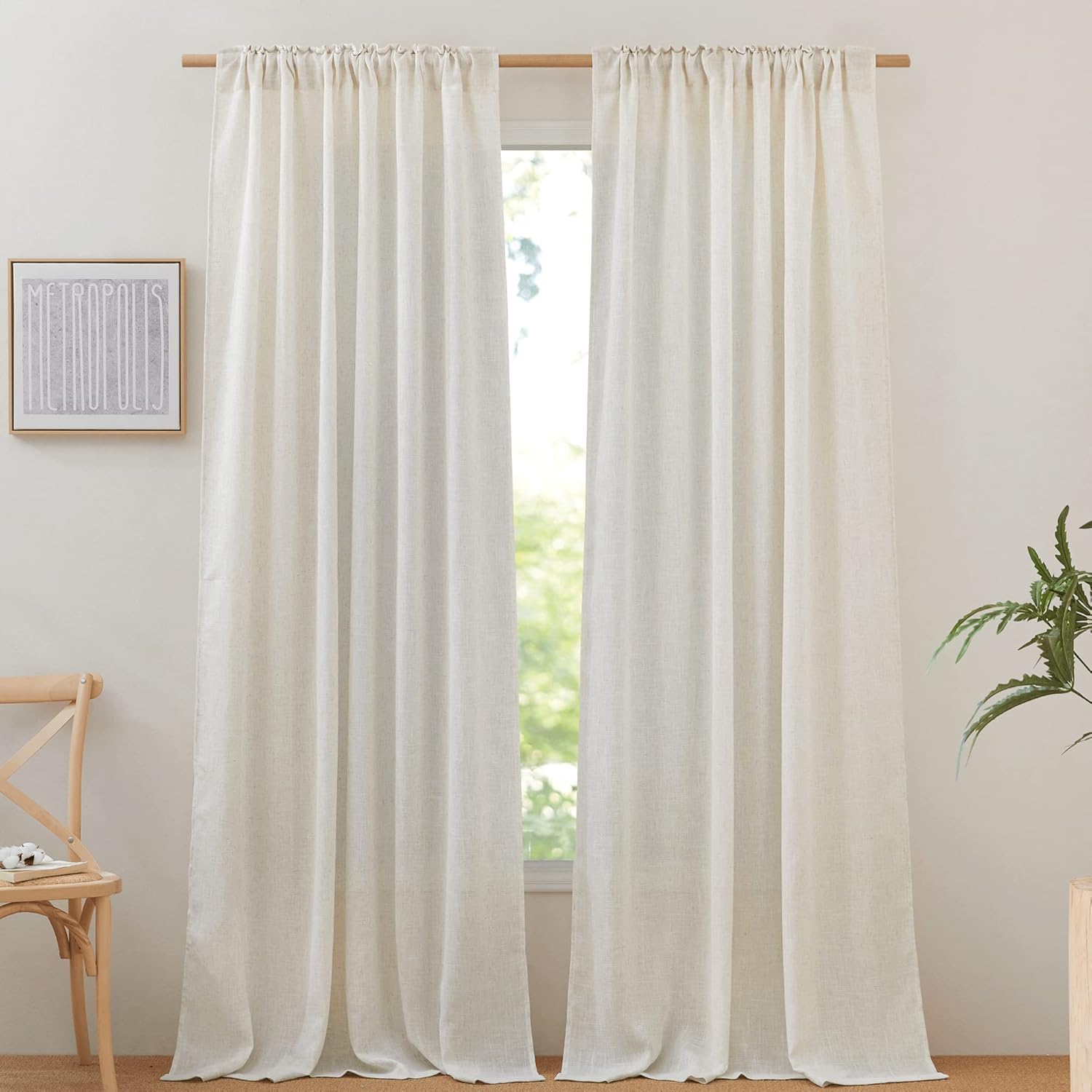 NICETOWN 120 inch Curtains Linen Blend for Bedroom, Rod Pocket & Back Tab Natural Linen Burlap Semi Sheer Window Treatments Privacy with Light Filtering for Living Room, W52 x L120, 2 Panels