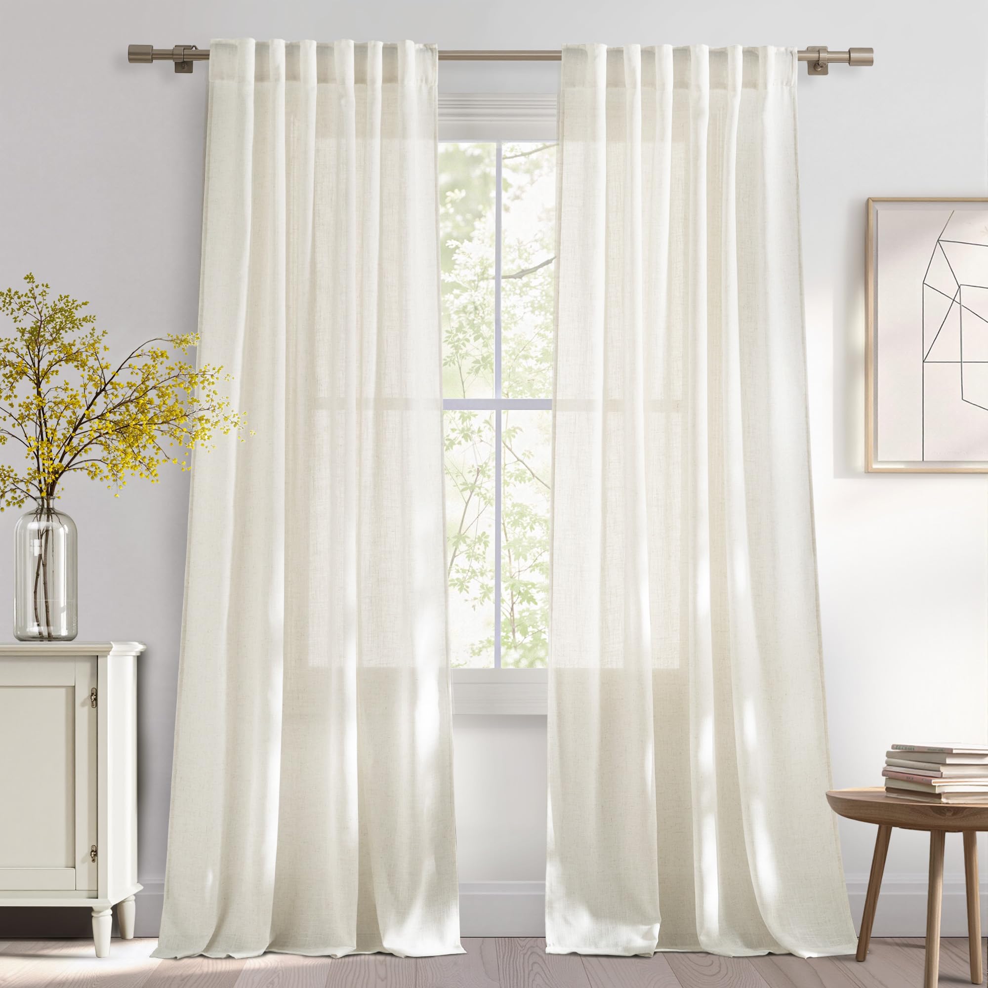 NICETOWN 120 inch Curtains Linen Blend for Bedroom, Rod Pocket & Back Tab Natural Linen Burlap Semi Sheer Window Treatments Privacy with Light Filtering for Living Room, W52 x L120, 2 Panels