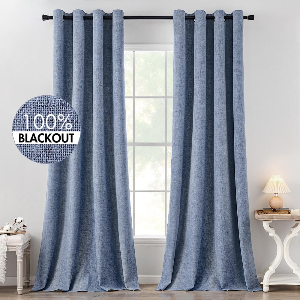 MIULEE Linen Texture Curtains for Bedroom Solid 100% Blackout Thermal Insulated Dusty Blue Curtains Grommet Room Darkening Drapes Luxury Decor for Living Room Nursery 52x84 Inch (2 Panels)