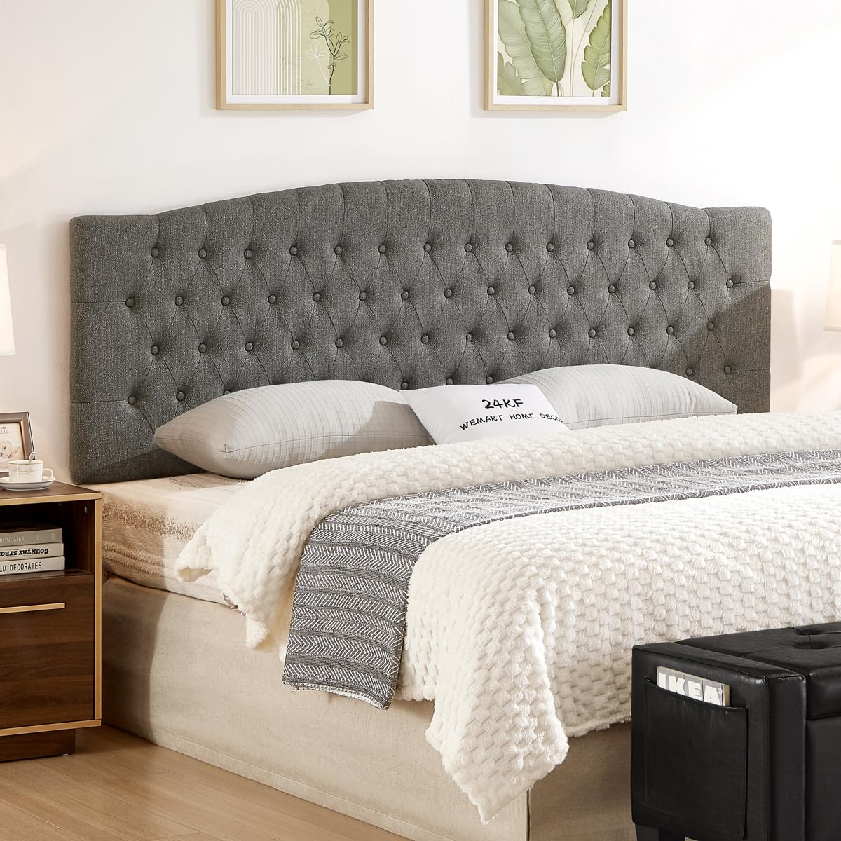 24KF Upholstered Tufted Button Linen Fabric Headboard,Comfortable Fashional Headboard Queen/Full Size,Ivory
