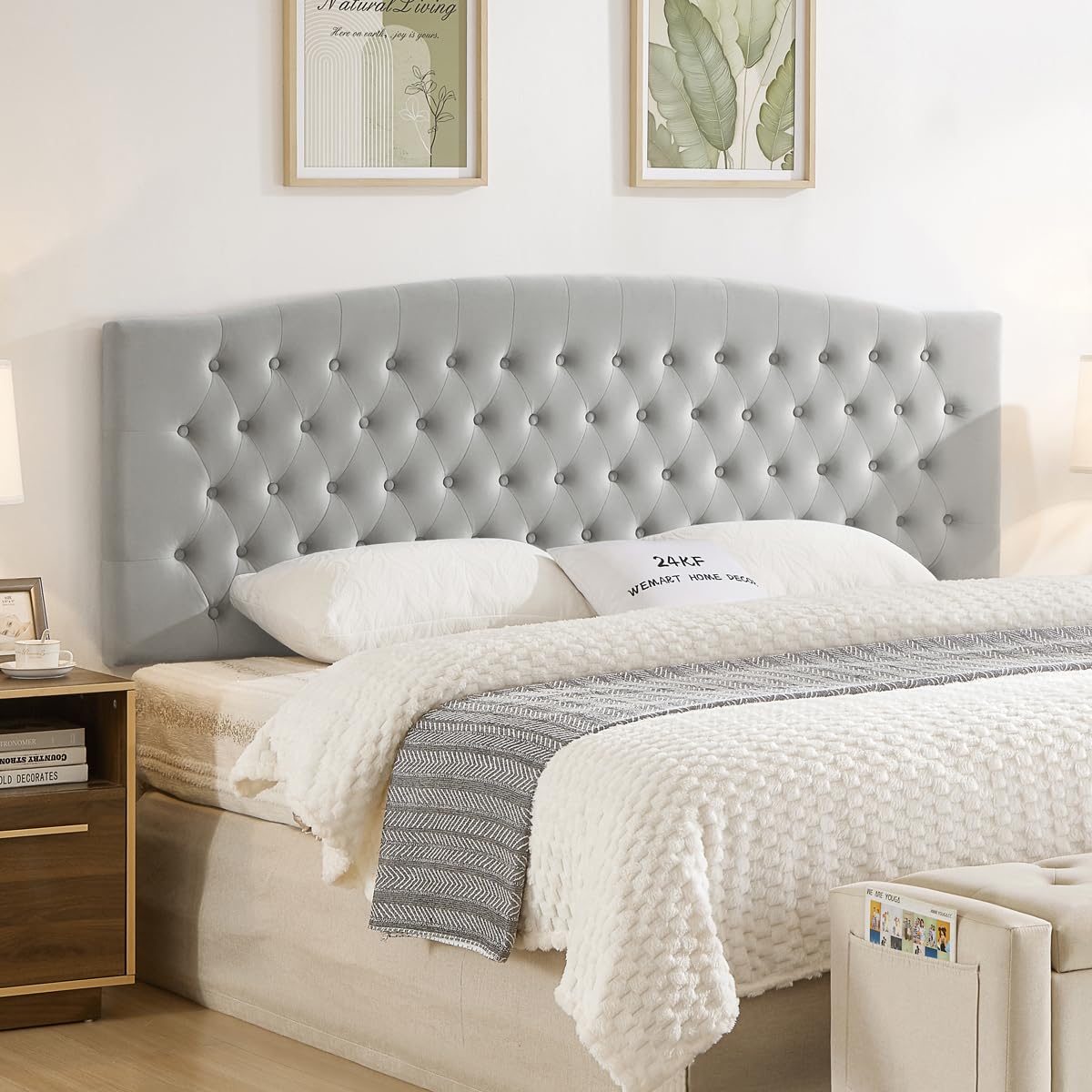 24KF Upholstered Tufted Button Linen Fabric Headboard,Comfortable Fashional Headboard Queen/Full Size,Ivory