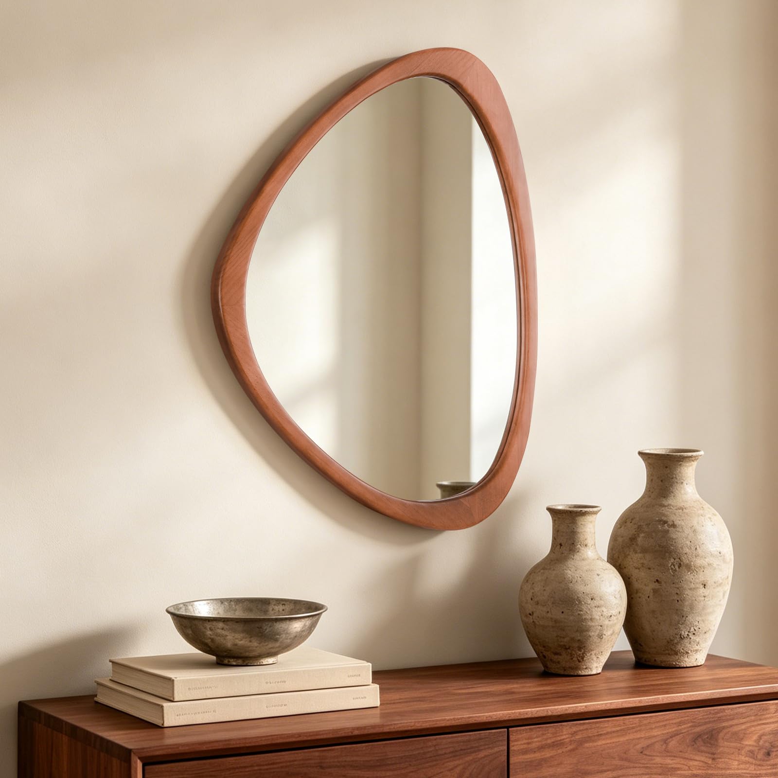HOMECOOKIN 23.5" H x 19" W Asymmetrical Mirror, Irregular Wooden Wall Mirror for Bedroom, Living Room,Entryway– Mid-Century Modern Decorative Mirror, Solid Wood Frame, Pebble Shaped Design (Walnut)