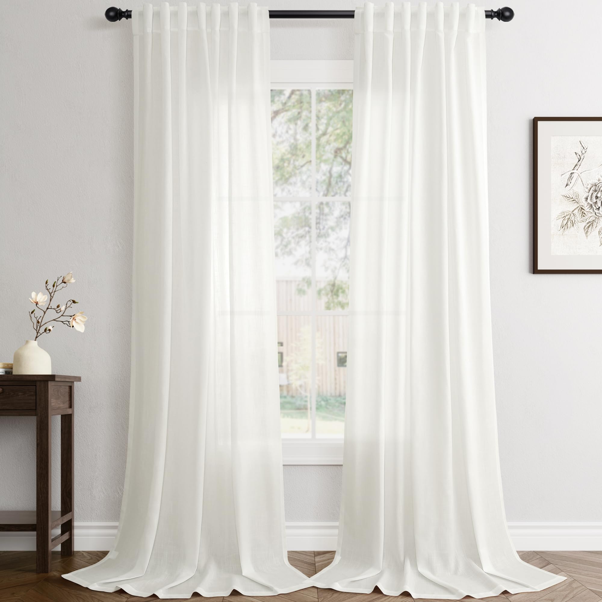 Flax Linen Beige Curtains 96 inches Long 2 Panel for Living Room Back Tab Pocket Drapes Semi Sheer Privacy Khaki Window Curtain Country Rustic Farmhouse Cloth Curtain for Dinning Room Tan