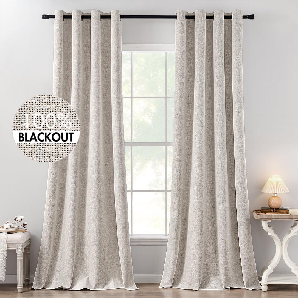 MIULEE Linen Texture Curtains for Bedroom Solid 100% Blackout Thermal Insulated Dusty Blue Curtains Grommet Room Darkening Drapes Luxury Decor for Living Room Nursery 52x84 Inch (2 Panels)