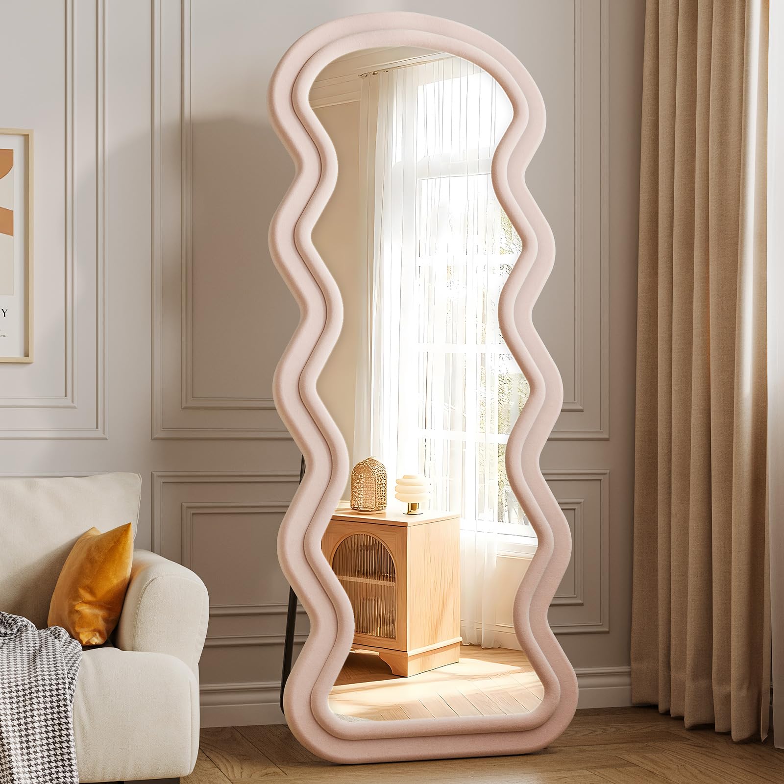 Irregular Full Length Mirror, 63"x24" Flannel Full Body Mirrors, Velvet Floor Mirrors with Stand, Irregular Wavy Mirror Hanging or Leaning Against Wall for Bedroom Living Room, Brown