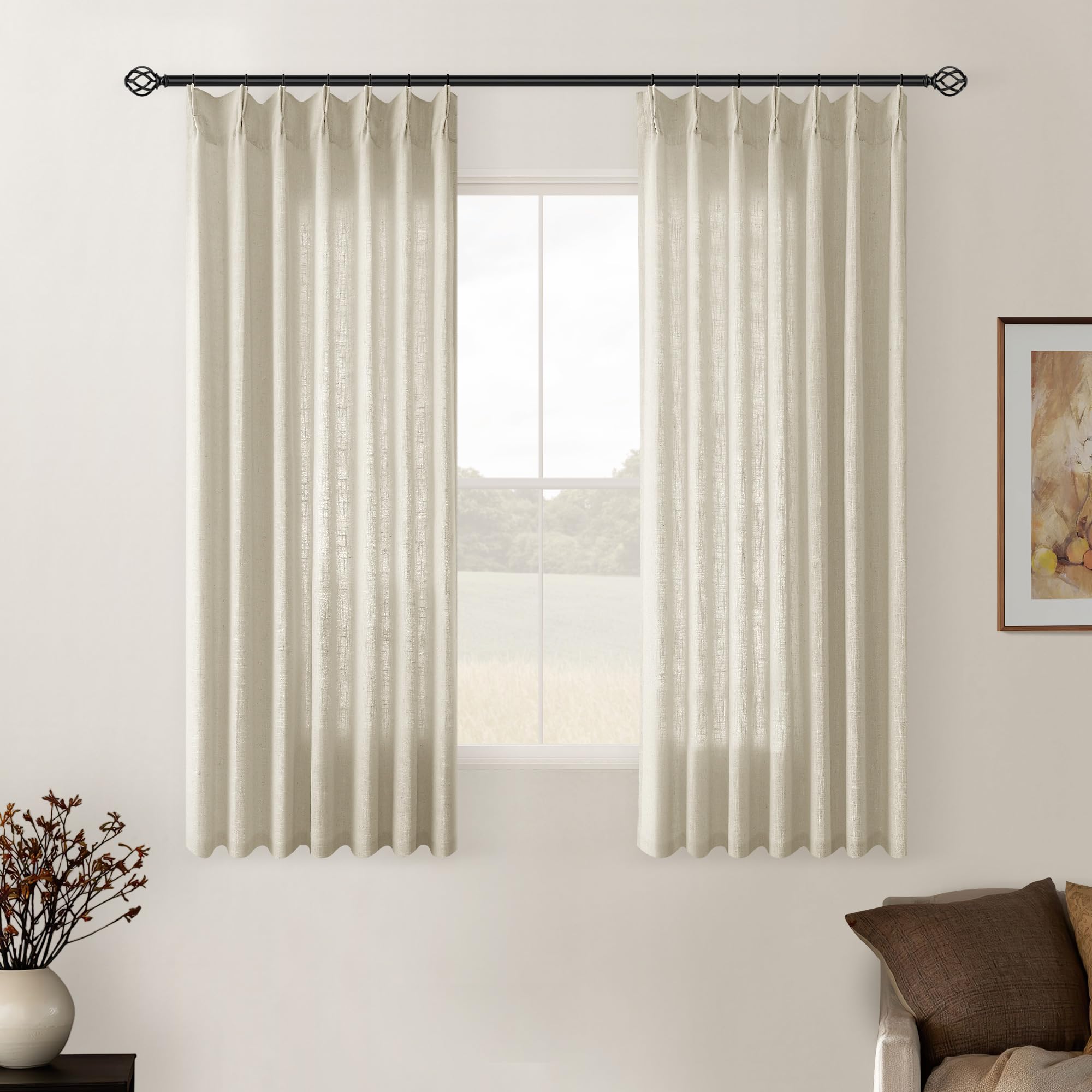 Pinch Pleated Linen Curtains 108 Inches Long for Living Room 2 Panels Set Cream Ivory Flax Double Pleated Drapes Back Tab Neutral Boho Ceiling Floor 108 Inch Window Curtains Bedroom Natural Birch