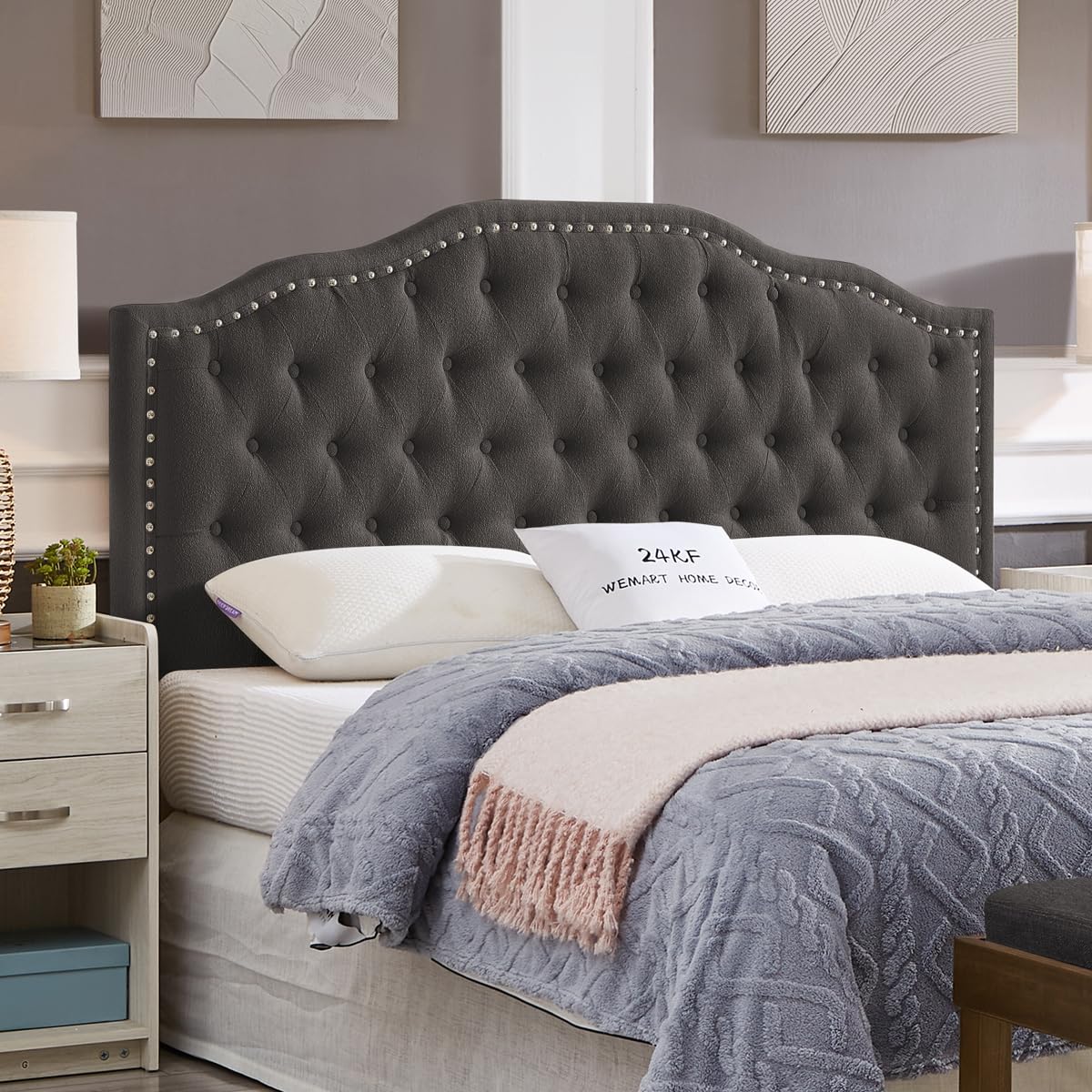 24KF Upholstered Button Tufted Queen Headboard with Nailhead Trim, Elegant Boucle Fabric Full headboard, 6031-Q-Boucle-Ivory