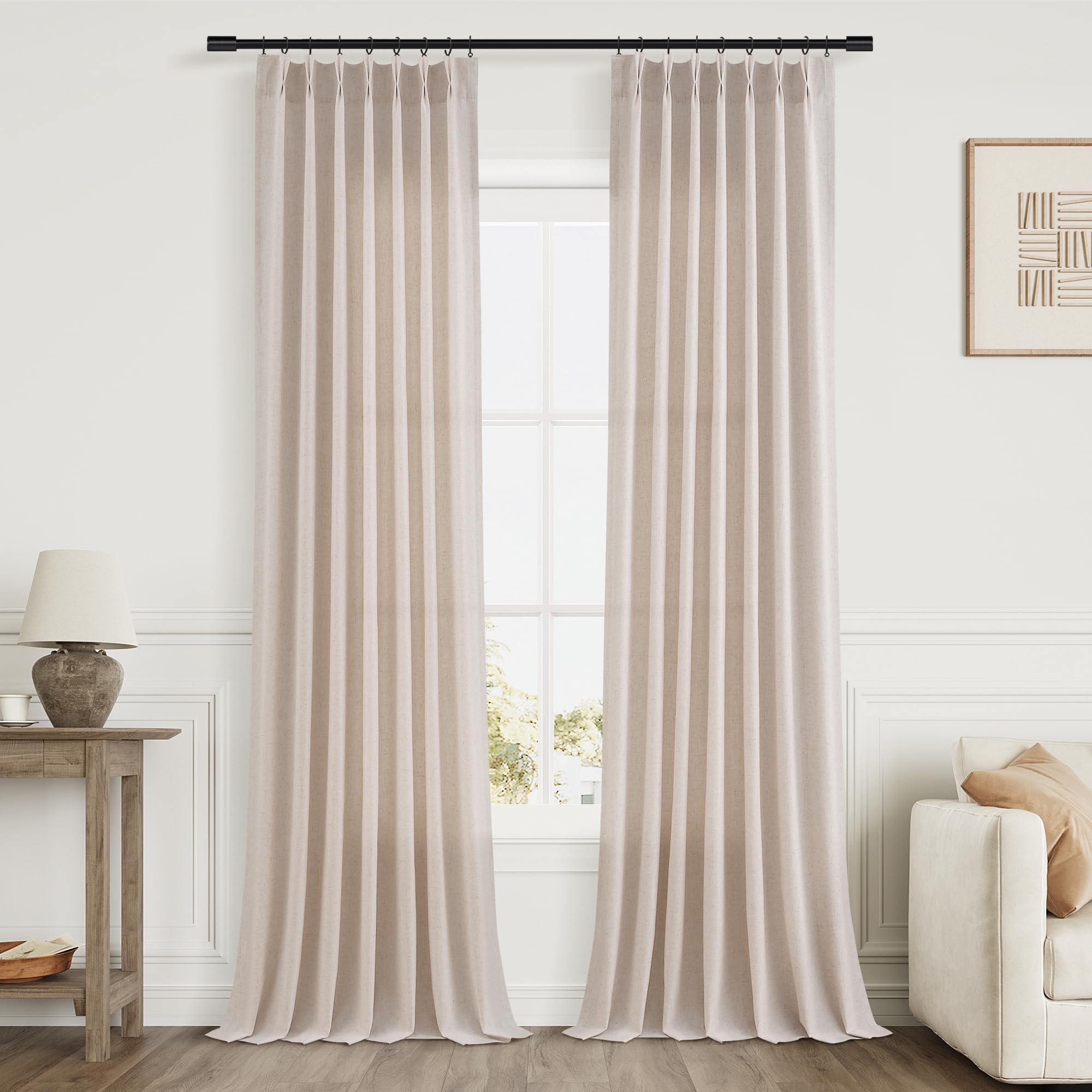 Extra Long Linen Curtains 108 Inch for Living Room Cream Pinch Pleated 9 FT Drapes Semi Sheer Ceiling to Floor Curtain for Bedroom Back Tab Flax Neutral Boho Decor Window, Natural Beige Ivory 2 Panels