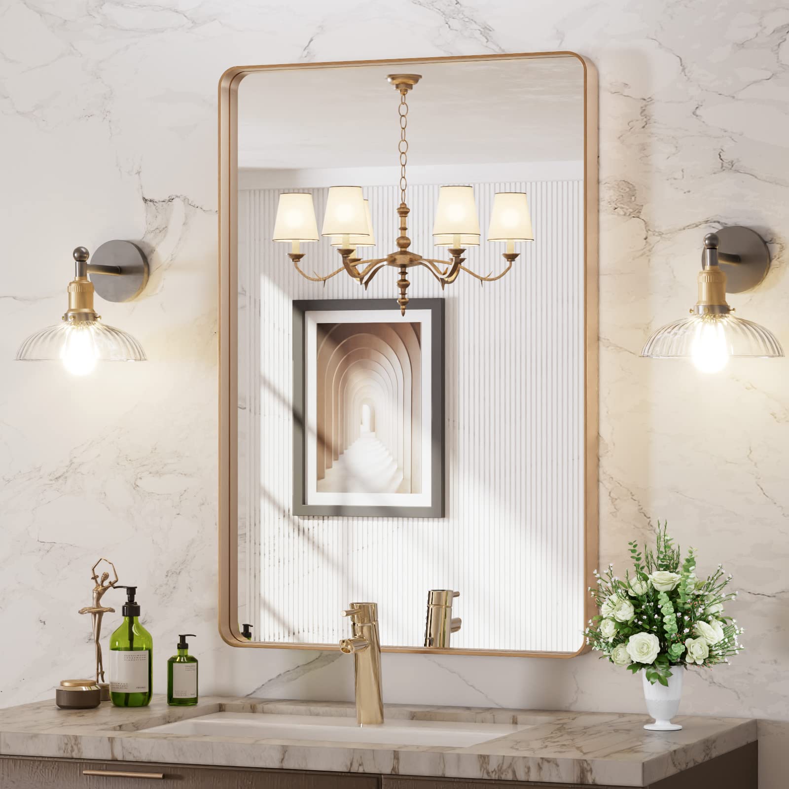 LOAAO Black Metal Framed Bathroom Mirror for Wall, 22X30 Inch Rounded Rectangle Mirror, Matte Black Bathroom Vanity Mirror Farmhouse, Anti-Rust, Hangs Horizontally or Vertically