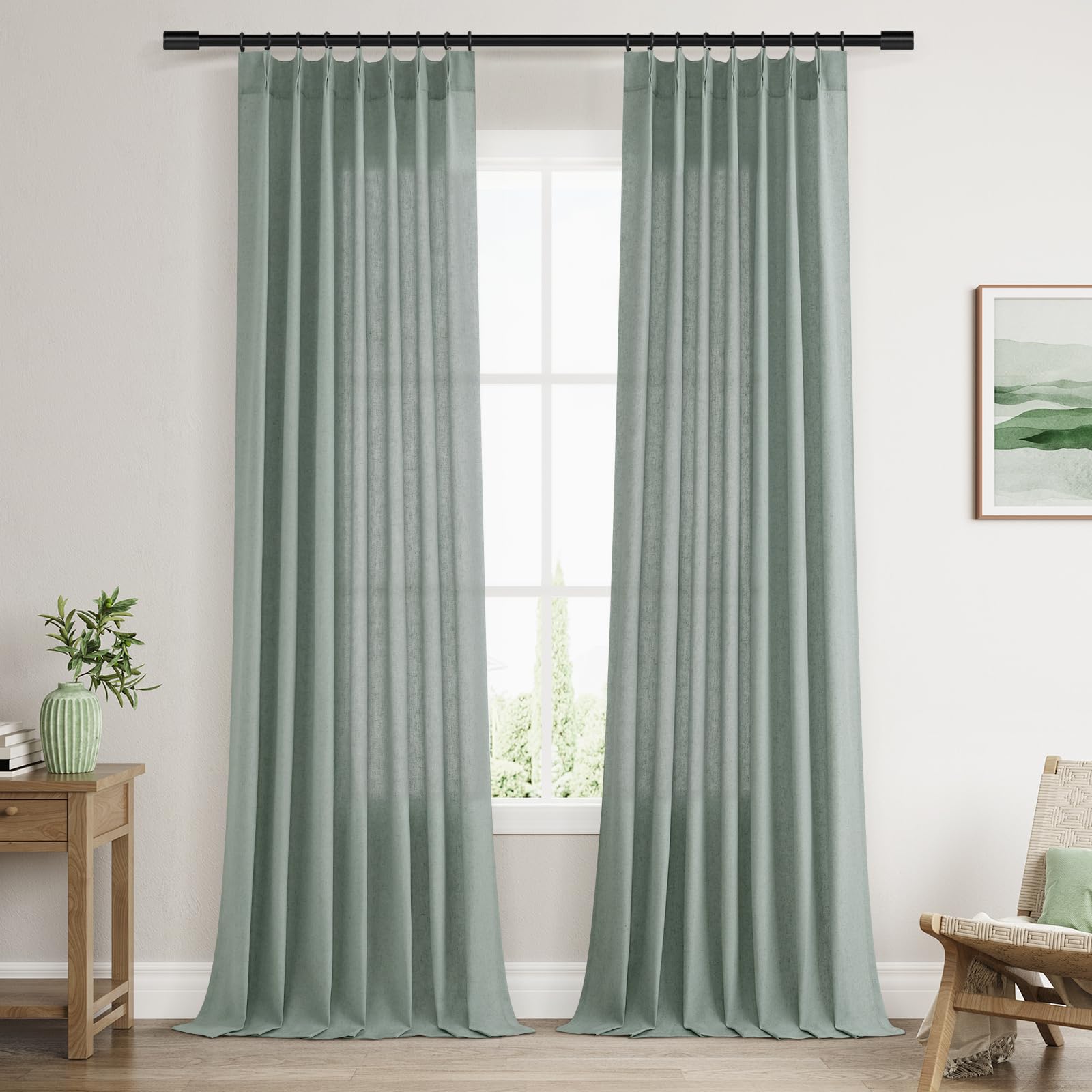 Extra Long Linen Curtains 108 Inch for Living Room Cream Pinch Pleated 9 FT Drapes Semi Sheer Ceiling to Floor Curtain for Bedroom Back Tab Flax Neutral Boho Decor Window, Natural Beige Ivory 2 Panels