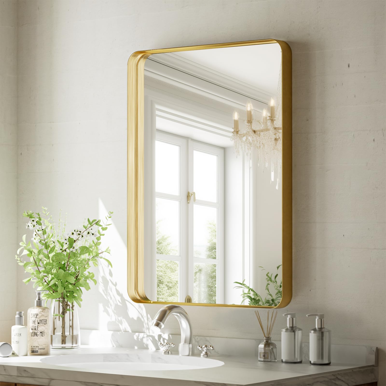 VooBang Bathroom Mirror 24x32 inch, Black Gorgeous Deep Frame Wall Mirror, Modern Round Corner Bathroom Vanity Mirror for Bedroom, Living Room, Hanging or Leaning Horizontal or Vertical, Black