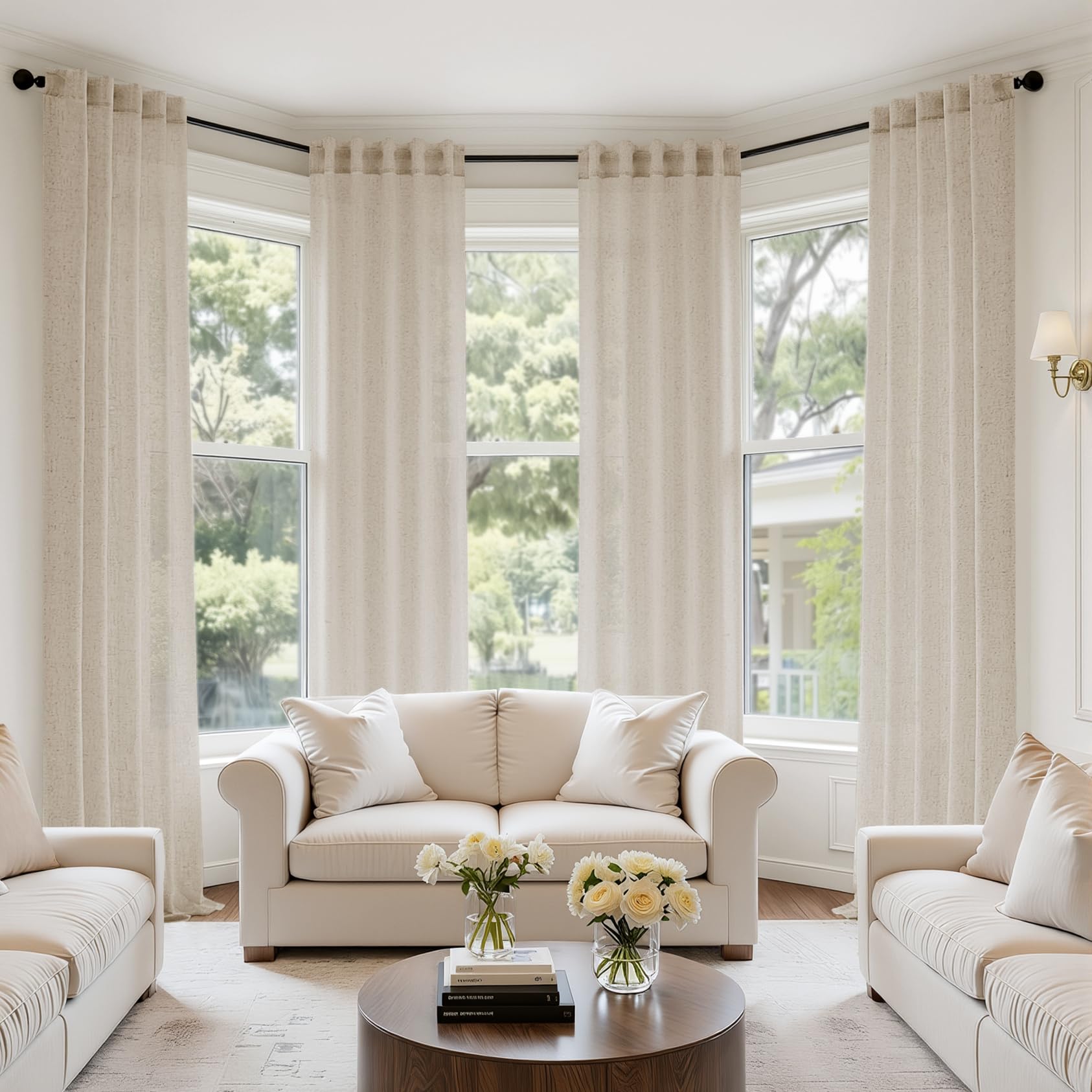 MIULEE Natural Linen Curtains 96 Inch Long 4 Panels Light Filtering Window Drapes with Rod Pocket Back Tab for Living Room Bedroom Farmhouse Decor 42" W x 96" L Inches