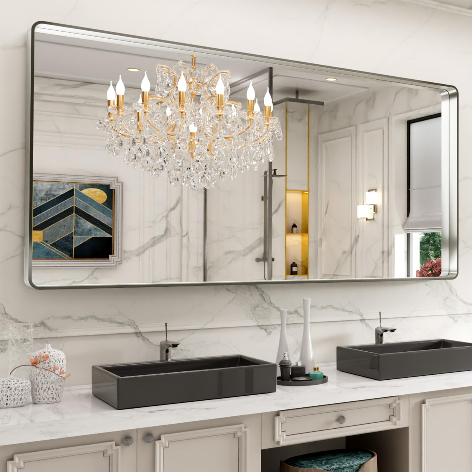 LOAAO Black Metal Framed Bathroom Mirror for Wall, 22X30 Inch Rounded Rectangle Mirror, Matte Black Bathroom Vanity Mirror Farmhouse, Anti-Rust, Hangs Horizontally or Vertically
