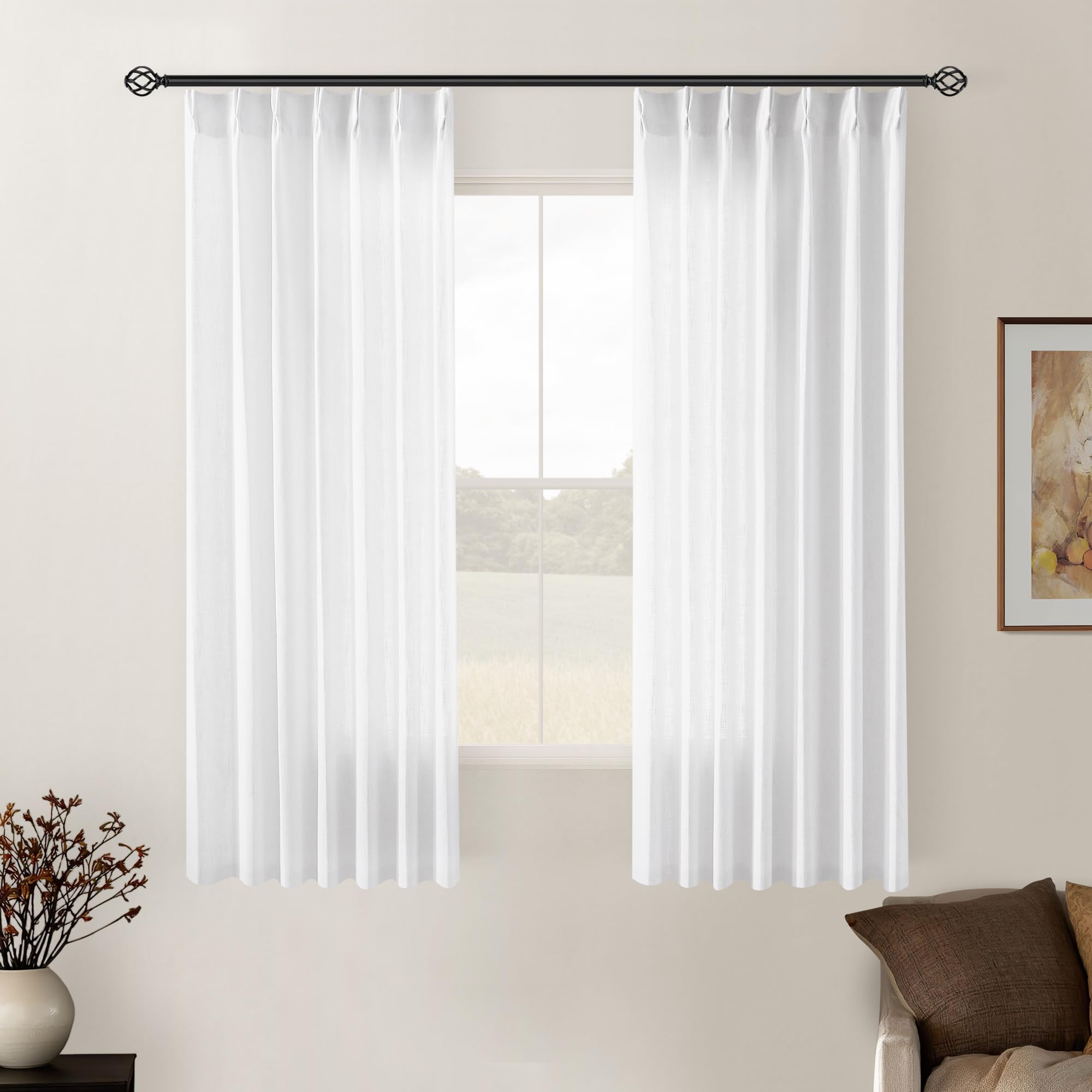 Pinch Pleated Linen Curtains 108 Inches Long for Living Room 2 Panels Set Cream Ivory Flax Double Pleated Drapes Back Tab Neutral Boho Ceiling Floor 108 Inch Window Curtains Bedroom Natural Birch