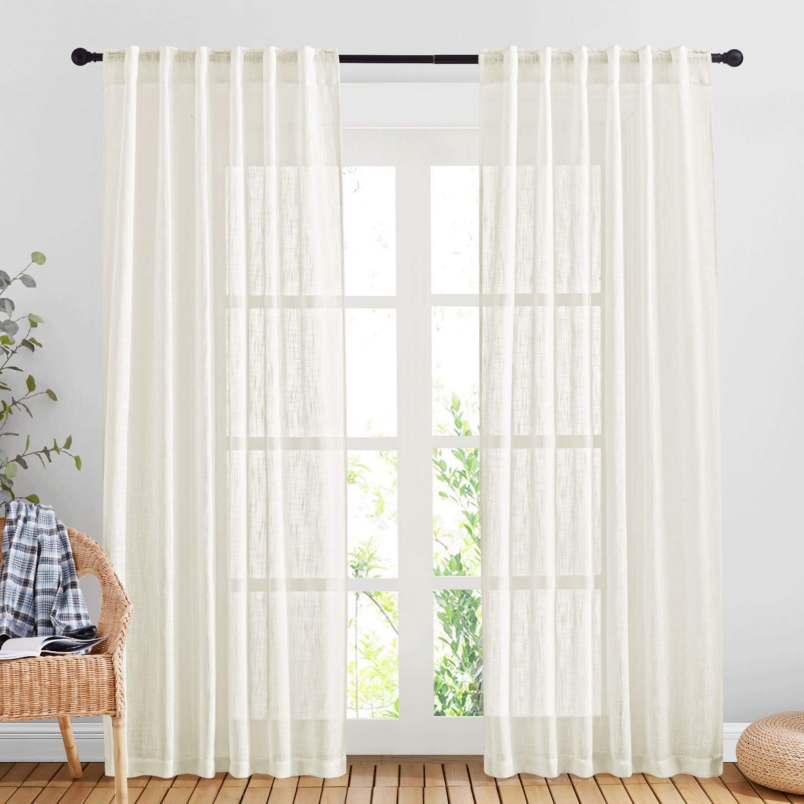 NICETOWN 120 inch Curtains Linen Blend for Bedroom, Rod Pocket & Back Tab Natural Linen Burlap Semi Sheer Window Treatments Privacy with Light Filtering for Living Room, W52 x L120, 2 Panels