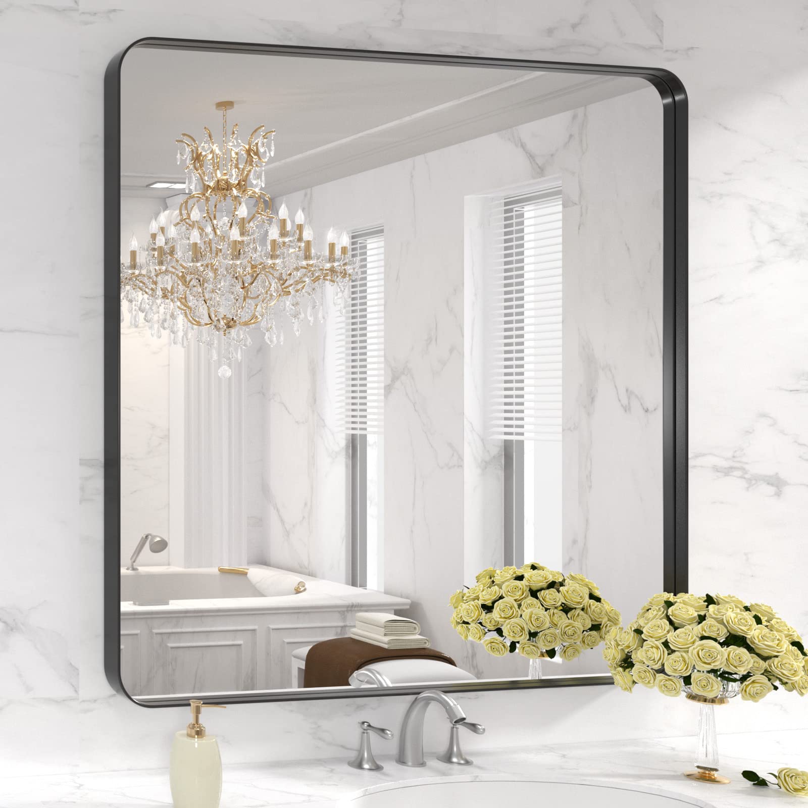LOAAO Black Metal Framed Bathroom Mirror for Wall, 22X30 Inch Rounded Rectangle Mirror, Matte Black Bathroom Vanity Mirror Farmhouse, Anti-Rust, Hangs Horizontally or Vertically