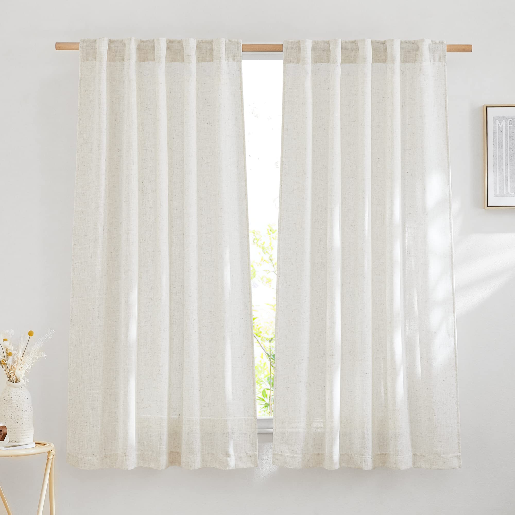 NICETOWN 120 inch Curtains Linen Blend for Bedroom, Rod Pocket & Back Tab Natural Linen Burlap Semi Sheer Window Treatments Privacy with Light Filtering for Living Room, W52 x L120, 2 Panels