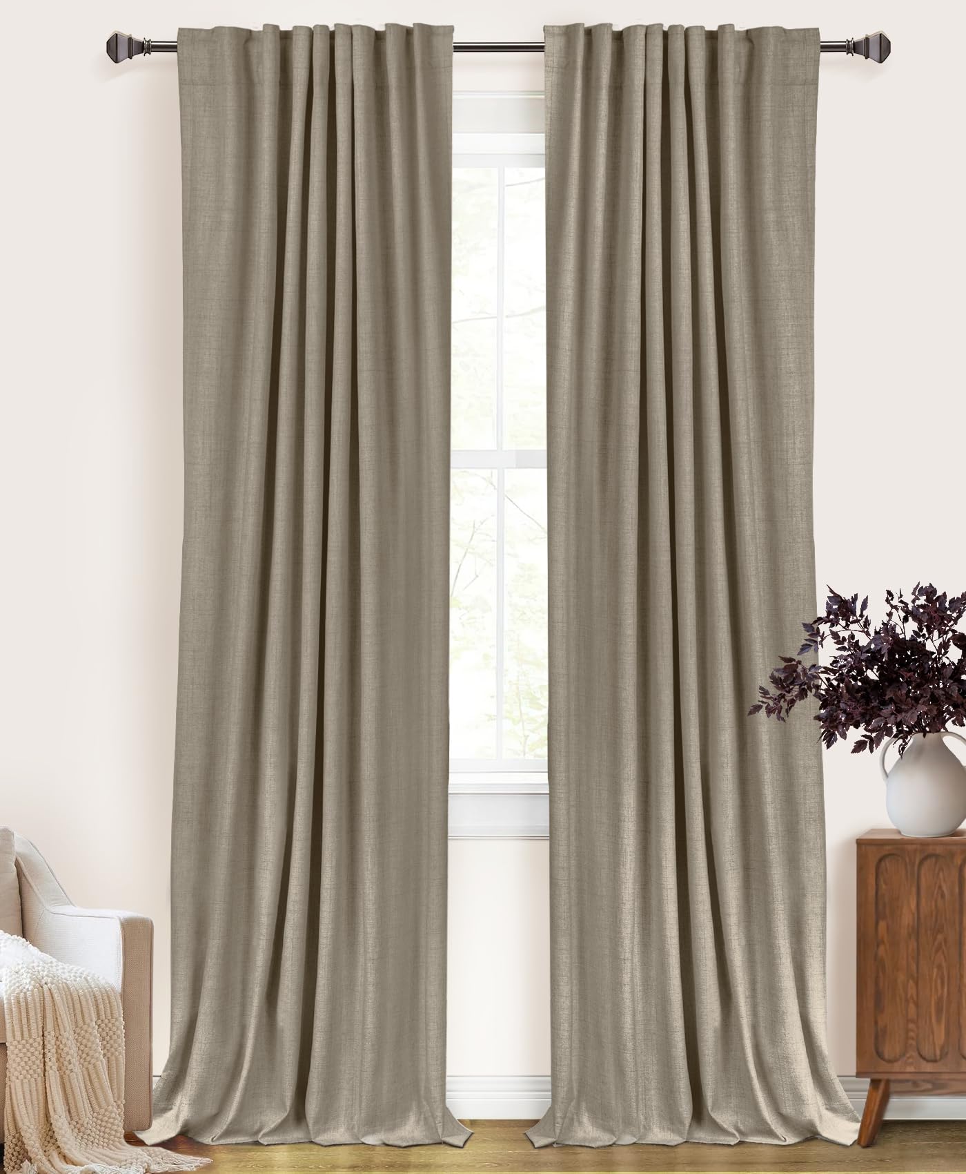 100% Blackout Shield Linen Blackout Curtains for Bedroom 90 Inches Long, Back Tab/Rod Pocket Living Room Drapes, Thermal Insulated Blackout Curtains 2 Panels Set, 50" W x 90" L,Cream
