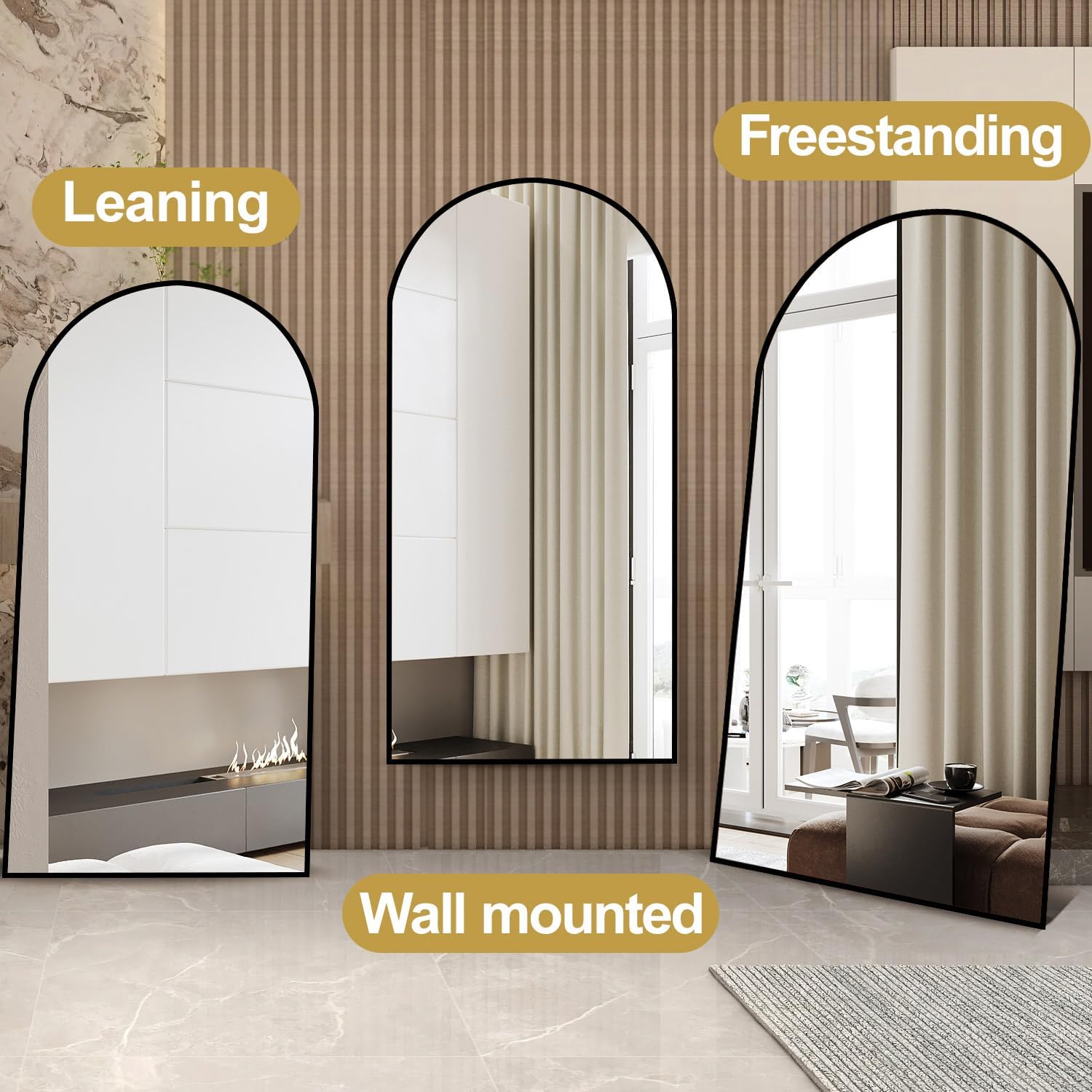 Dewfig Arched Full Length Mirror, 76"x34" Large Floor Mirror, Full Body Mirrors for Leaning or Hanging, Standing Mirrors for Bedroom, Living Room,Dressing Room, Aluminum Alloy Frame, Black