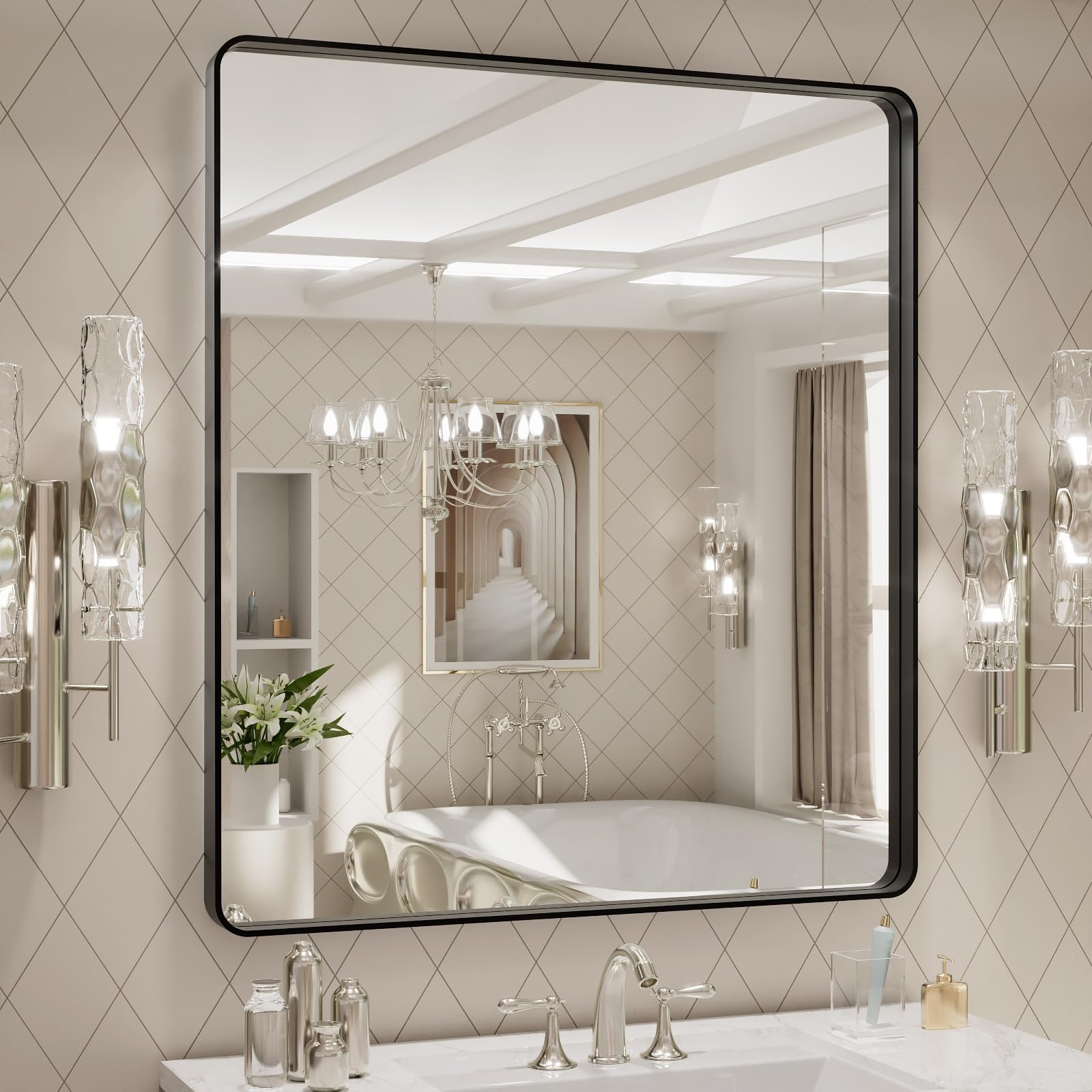 LOAAO Black Metal Framed Bathroom Mirror for Wall, 22X30 Inch Rounded Rectangle Mirror, Matte Black Bathroom Vanity Mirror Farmhouse, Anti-Rust, Hangs Horizontally or Vertically