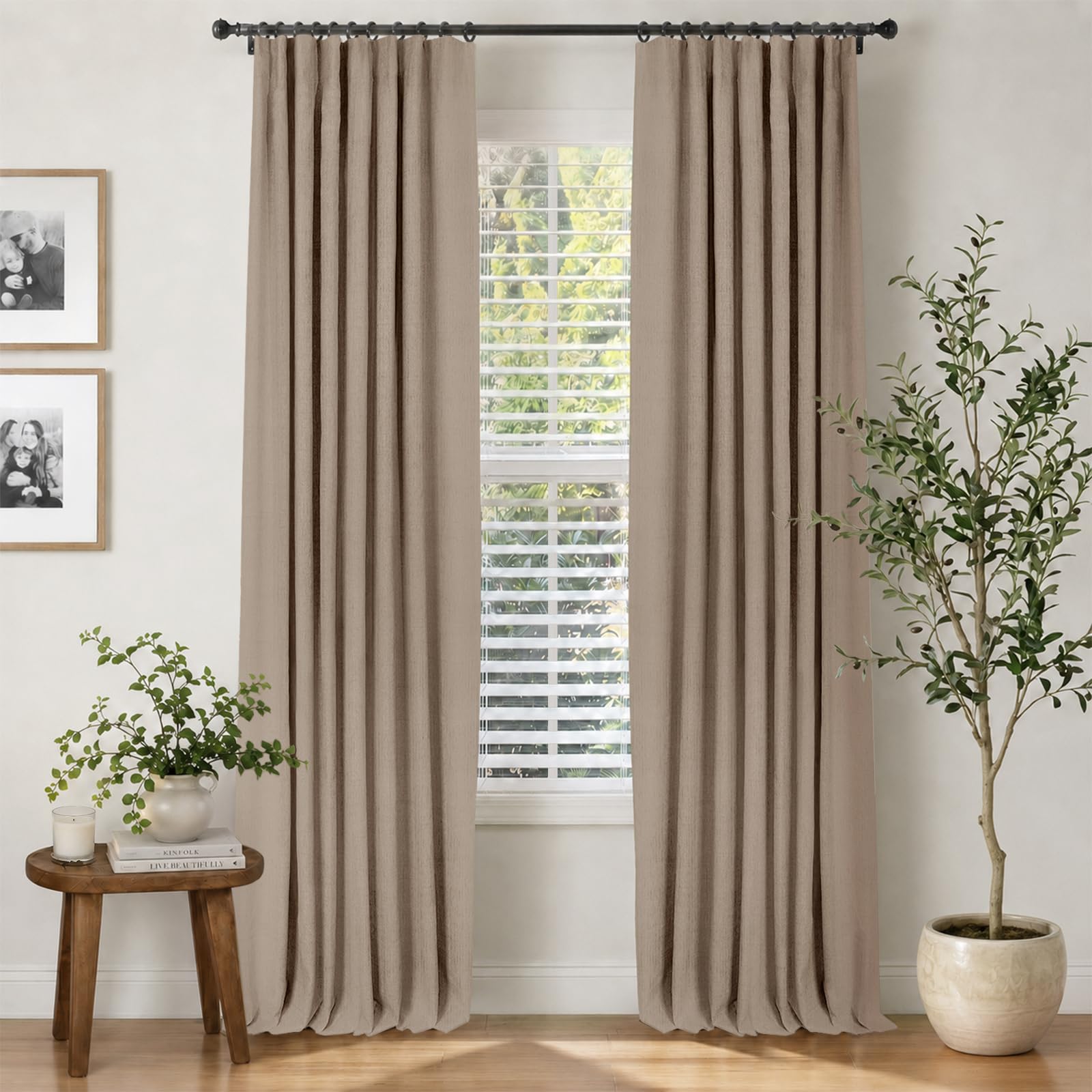 INOVADAY 100% Blackout Curtains for Bedroom, Black Out Curtains 84 Inch Long, Clip Rings Linen Blackout Drapes, Thermal Insulated Room Darkening for Living Room, 2 Panels - Beige,W50xL84
