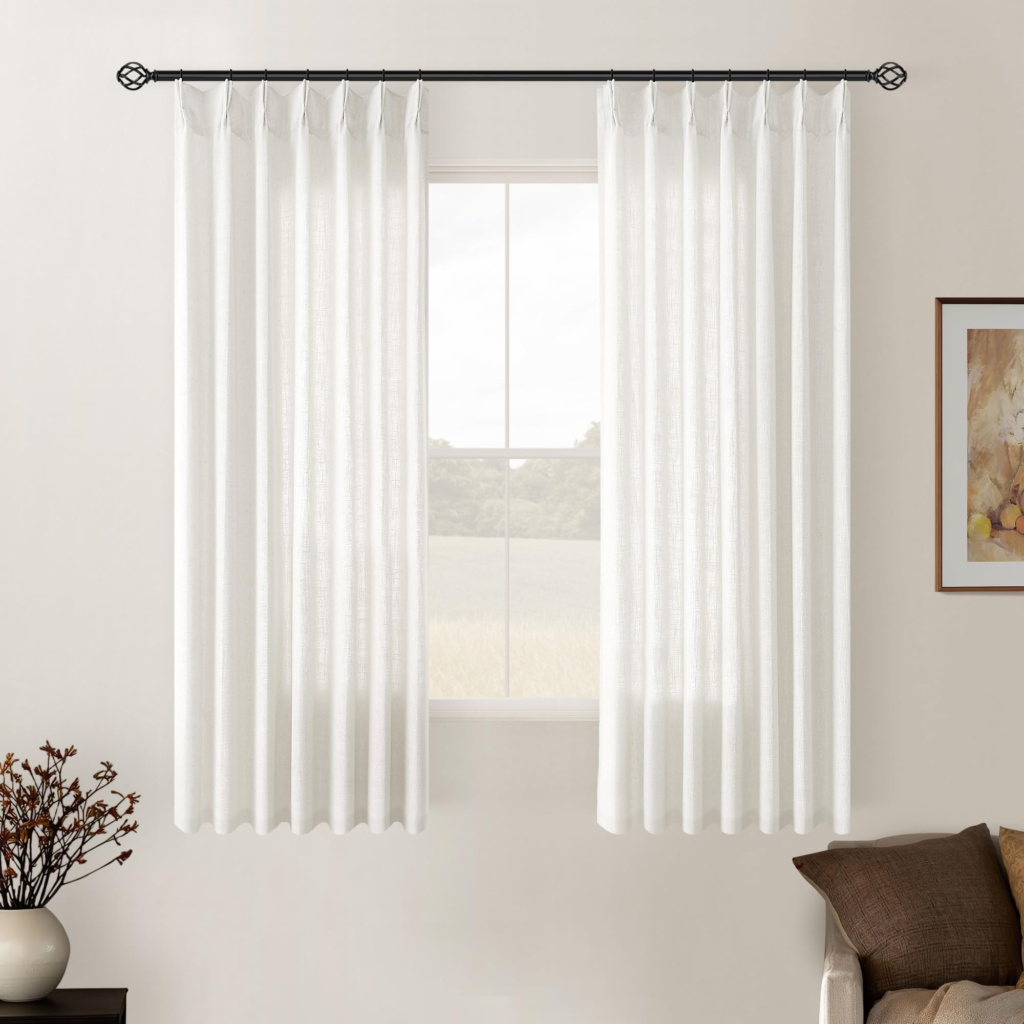 Pinch Pleated Linen Curtains 108 Inches Long for Living Room 2 Panels Set Cream Ivory Flax Double Pleated Drapes Back Tab Neutral Boho Ceiling Floor 108 Inch Window Curtains Bedroom Natural Birch