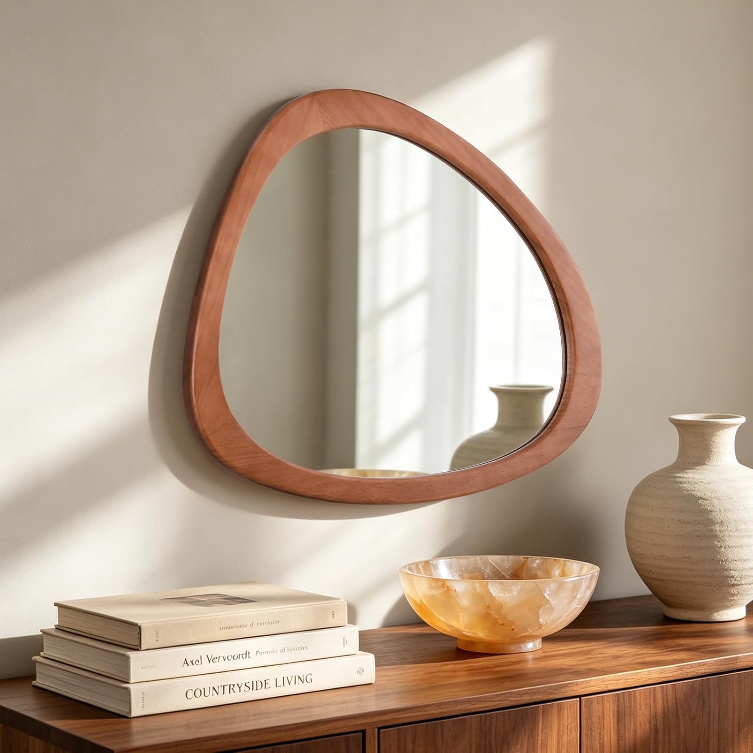 HOMECOOKIN 23.5" H x 19" W Asymmetrical Mirror, Irregular Wooden Wall Mirror for Bedroom, Living Room,Entryway– Mid-Century Modern Decorative Mirror, Solid Wood Frame, Pebble Shaped Design (Walnut)