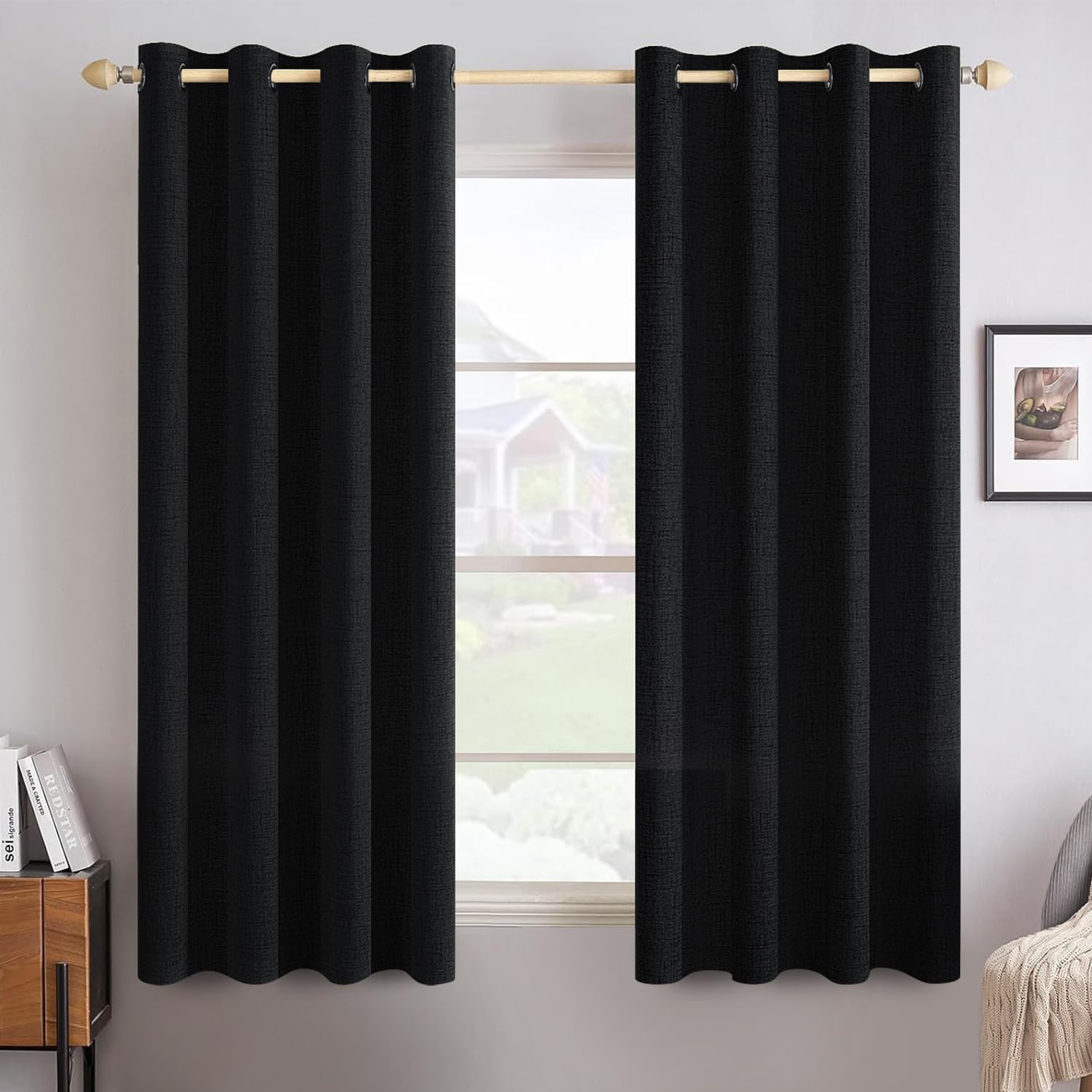 MIULEE 100% Blackout Linen Textured Curtains for Bedroom Solid Thermal Insulated Natural Beige Grommet Room Darkening Curtains & Drapes Luxury Decor for Living Room Nursery 52 x 96 Inch (2 Panels)