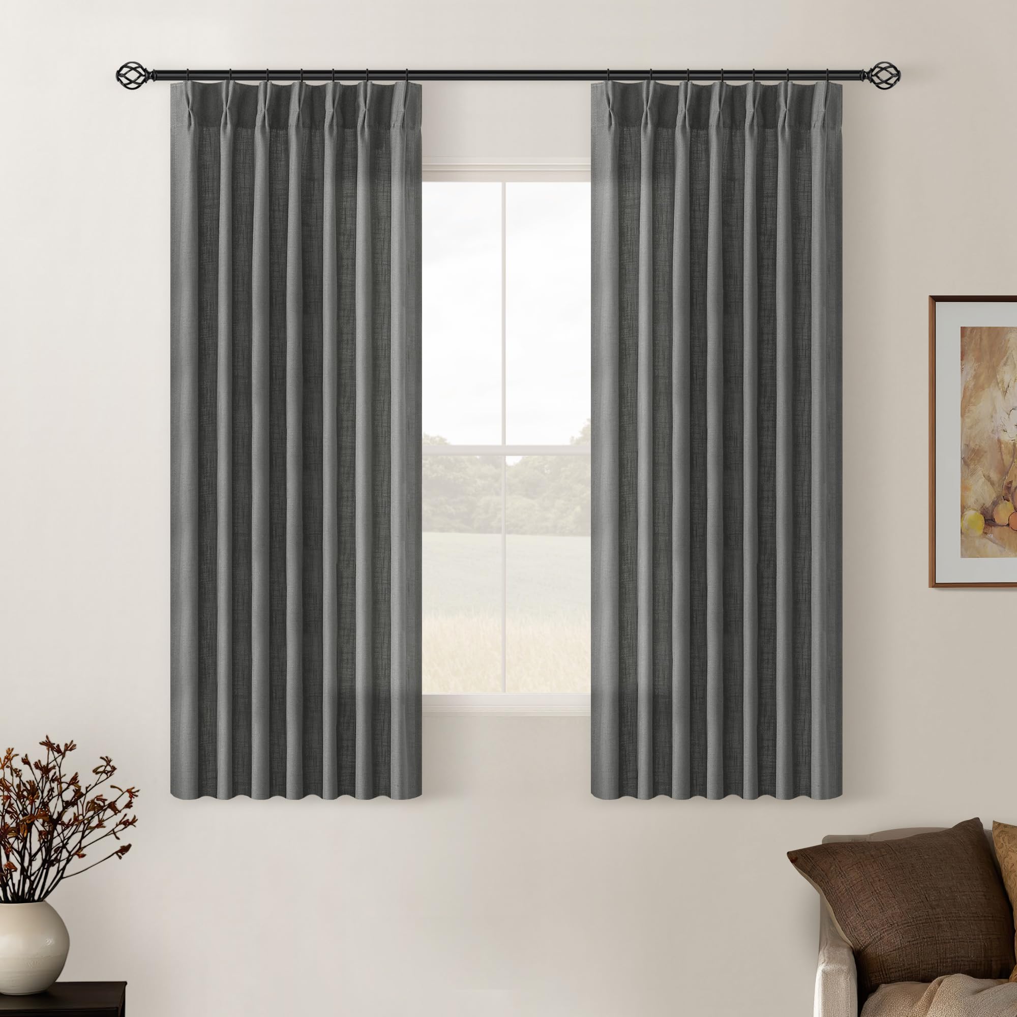 Pinch Pleated Linen Curtains 108 Inches Long for Living Room 2 Panels Set Cream Ivory Flax Double Pleated Drapes Back Tab Neutral Boho Ceiling Floor 108 Inch Window Curtains Bedroom Natural Birch