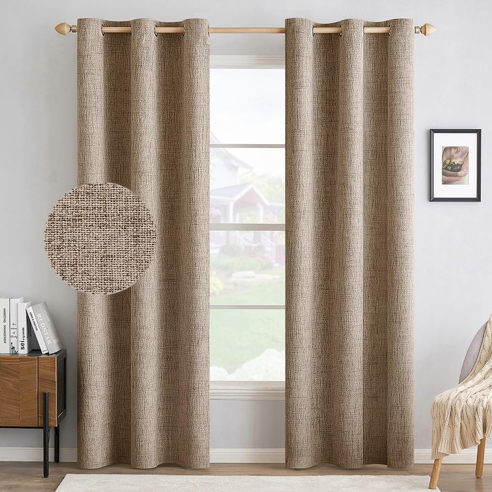 MIULEE 100% Blackout Linen Textured Curtains for Bedroom Solid Thermal Insulated Natural Beige Grommet Room Darkening Curtains & Drapes Luxury Decor for Living Room Nursery 52 x 96 Inch (2 Panels)