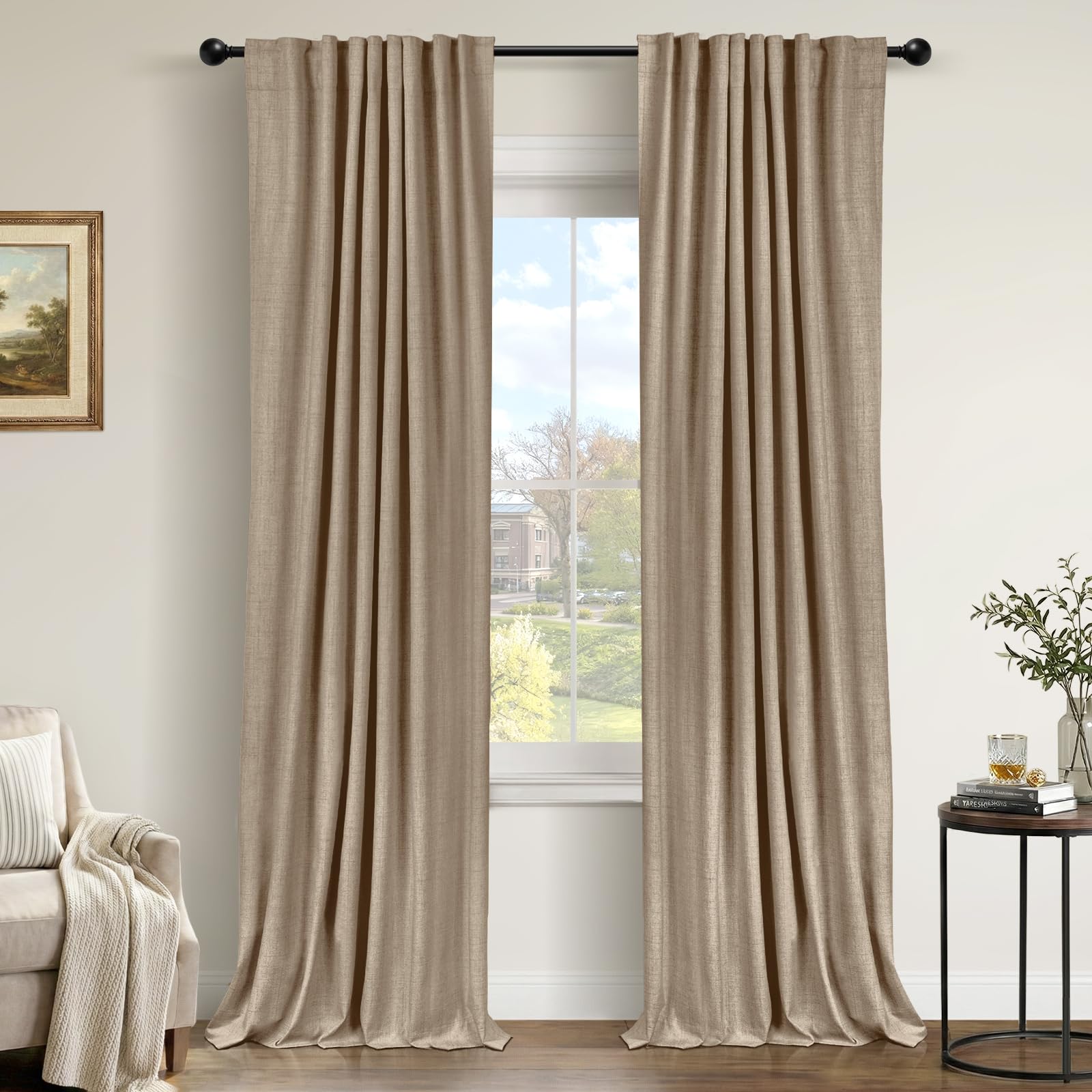 100% Blackout Shield Linen Blackout Curtains for Bedroom 90 Inches Long, Back Tab/Rod Pocket Living Room Drapes, Thermal Insulated Blackout Curtains 2 Panels Set, 50" W x 90" L,Cream