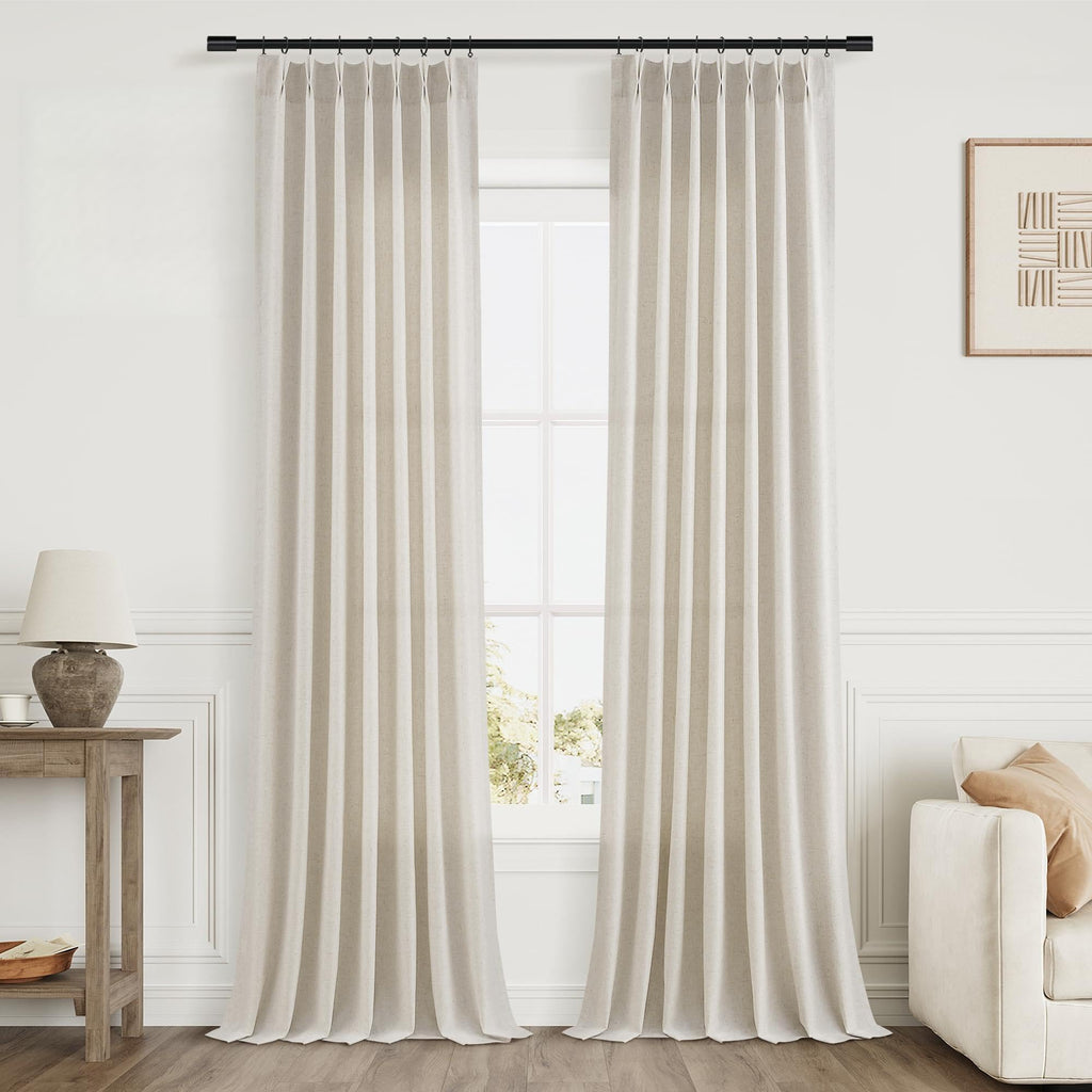 Extra Long Linen Curtains 108 Inch for Living Room Cream Pinch Pleated 9 FT Drapes Semi Sheer Ceiling to Floor Curtain for Bedroom Back Tab Flax Neutral Boho Decor Window, Natural Beige Ivory 2 Panels