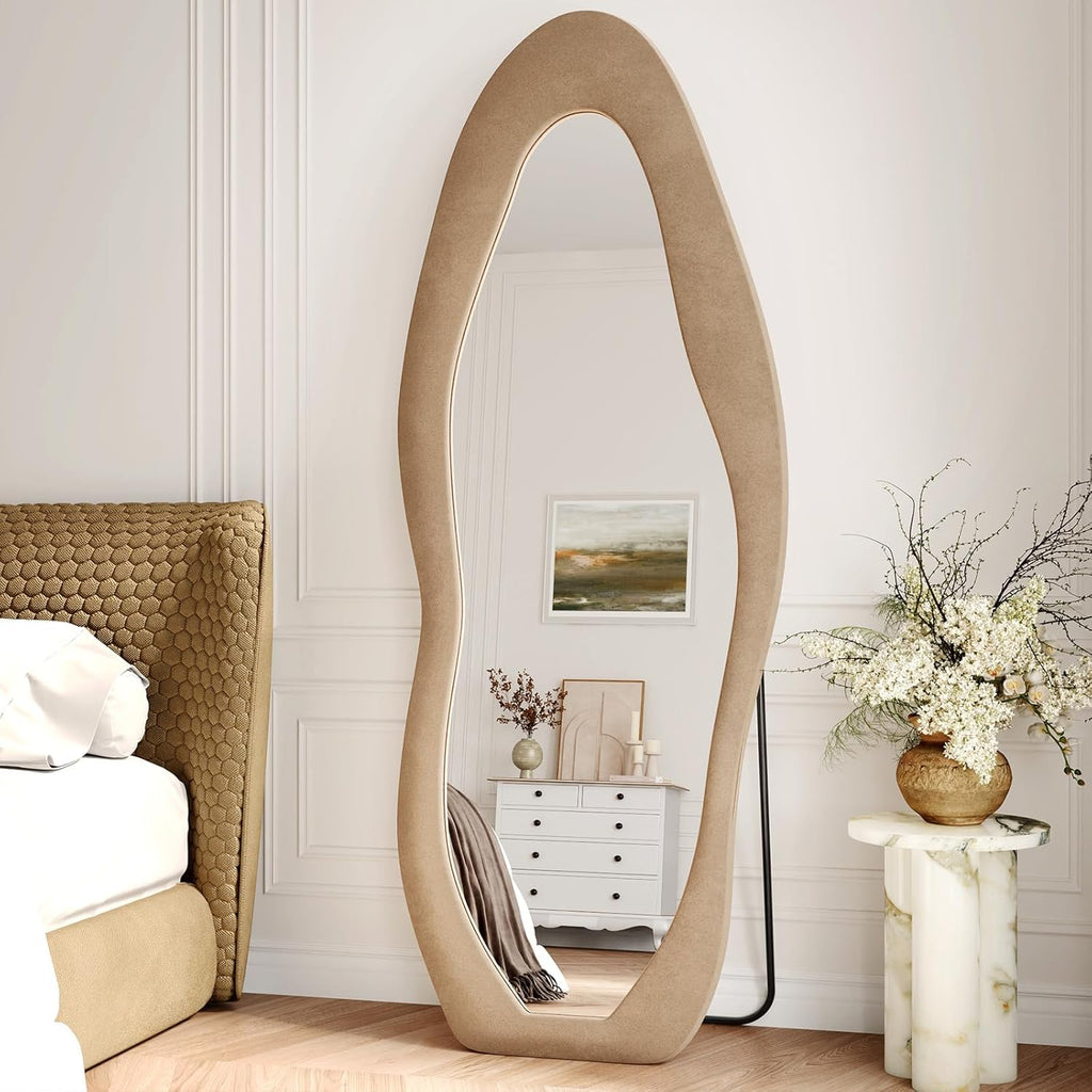 Irregular Full Length Mirror, 63"x24" Flannel Full Body Mirrors, Velvet Floor Mirrors with Stand, Irregular Wavy Mirror Hanging or Leaning Against Wall for Bedroom Living Room, Brown