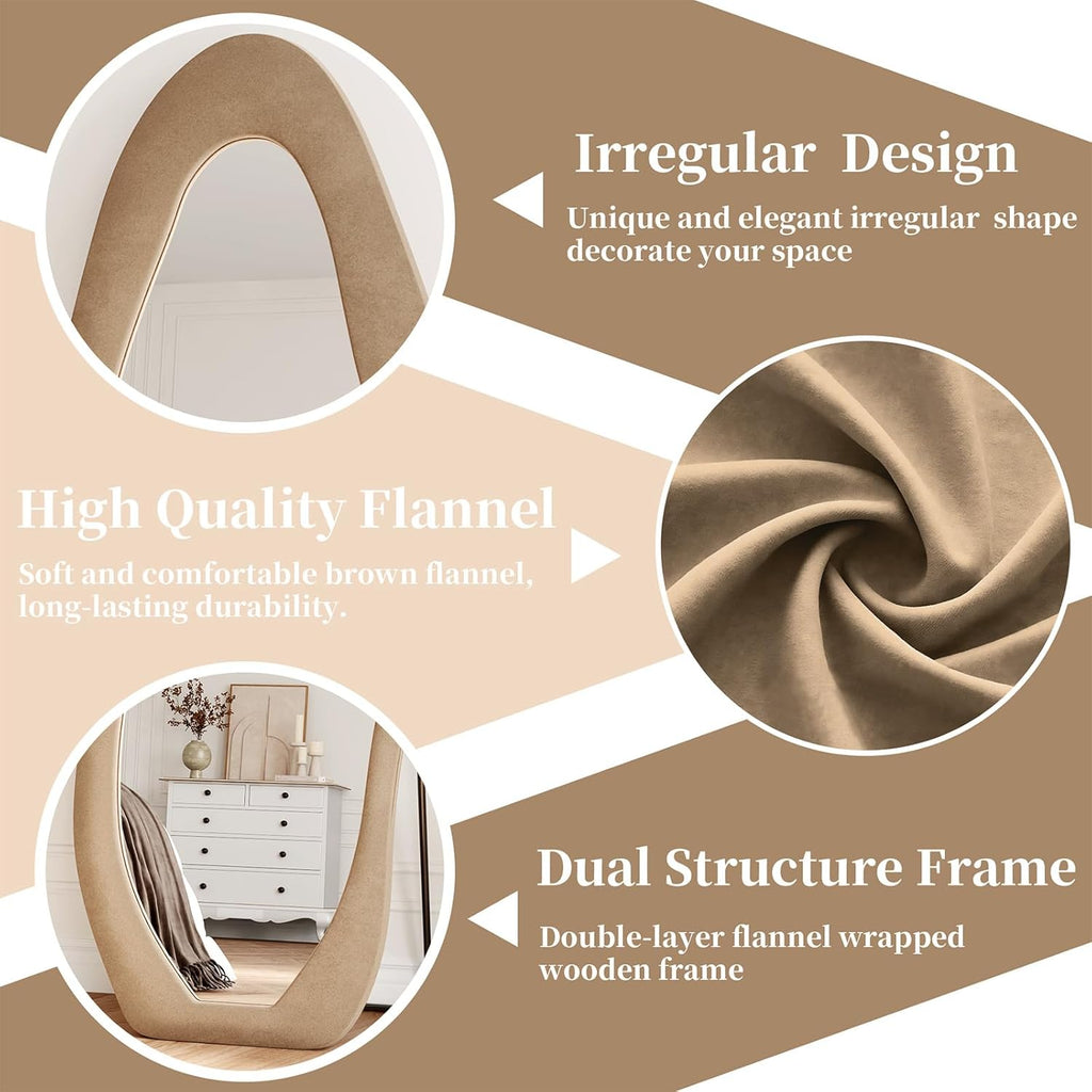 Irregular Full Length Mirror, 63"x24" Flannel Full Body Mirrors, Velvet Floor Mirrors with Stand, Irregular Wavy Mirror Hanging or Leaning Against Wall for Bedroom Living Room, Brown