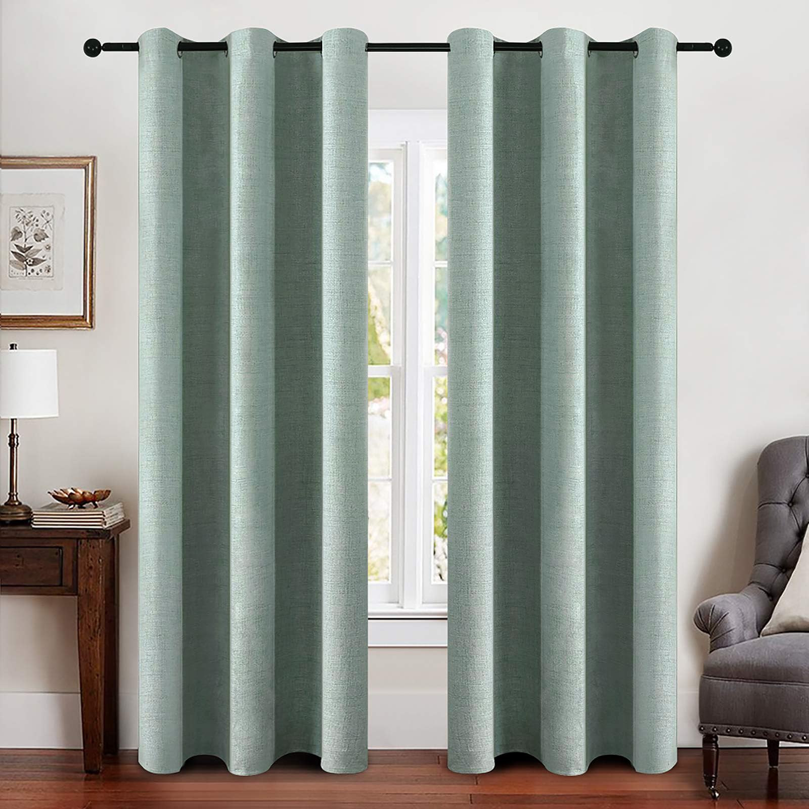 MIULEE Linen Texture Curtains for Bedroom Solid 100% Blackout Thermal Insulated Dusty Blue Curtains Grommet Room Darkening Drapes Luxury Decor for Living Room Nursery 52x84 Inch (2 Panels)
