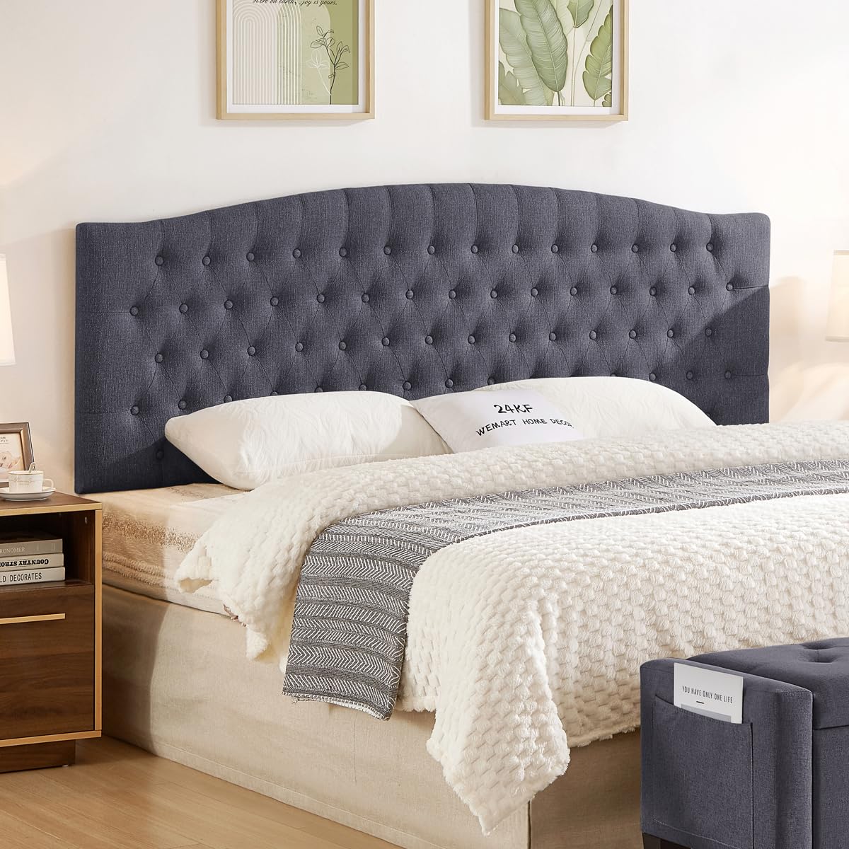 24KF Upholstered Tufted Button Linen Fabric Headboard,Comfortable Fashional Headboard Queen/Full Size,Ivory