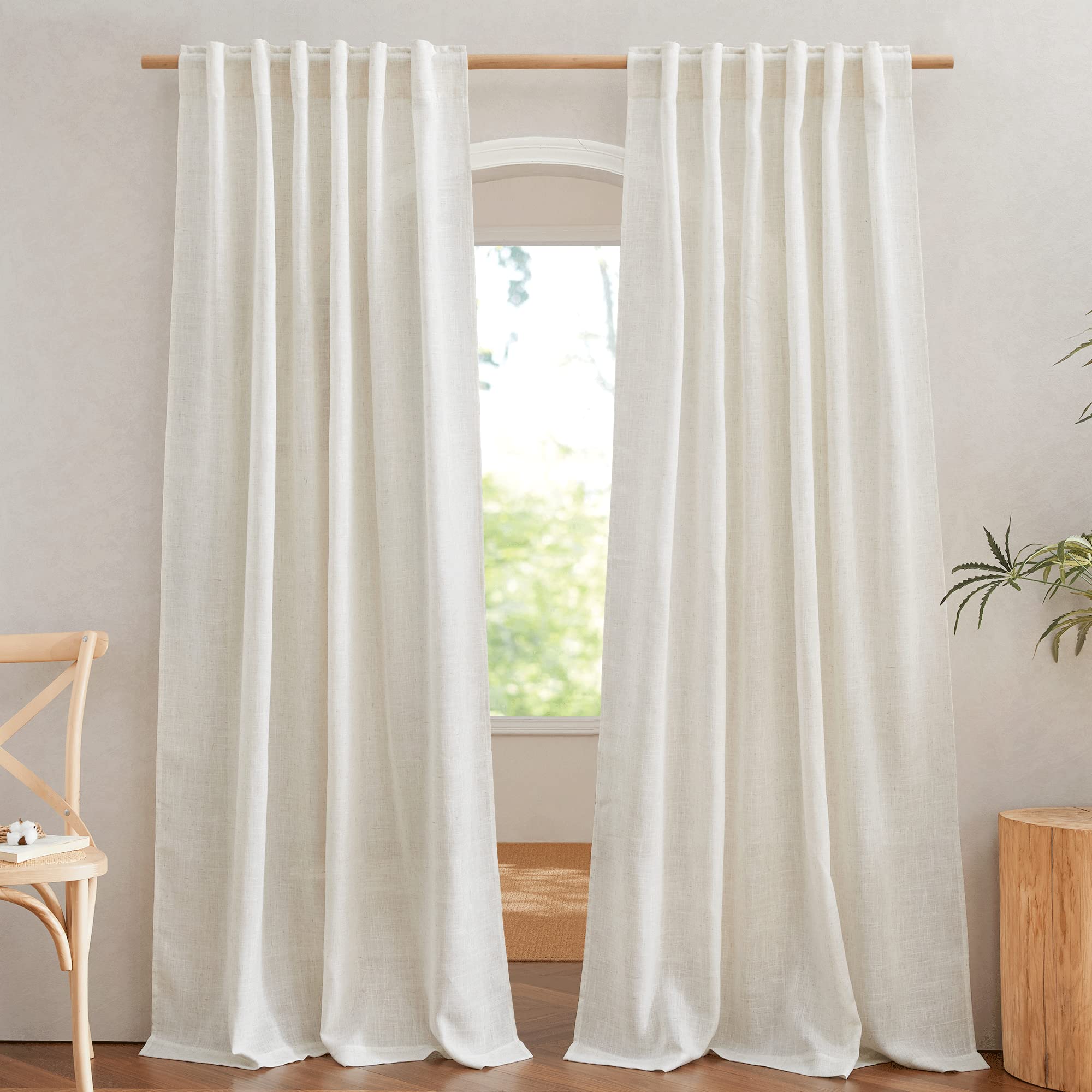 NICETOWN 120 inch Curtains Linen Blend for Bedroom, Rod Pocket & Back Tab Natural Linen Burlap Semi Sheer Window Treatments Privacy with Light Filtering for Living Room, W52 x L120, 2 Panels