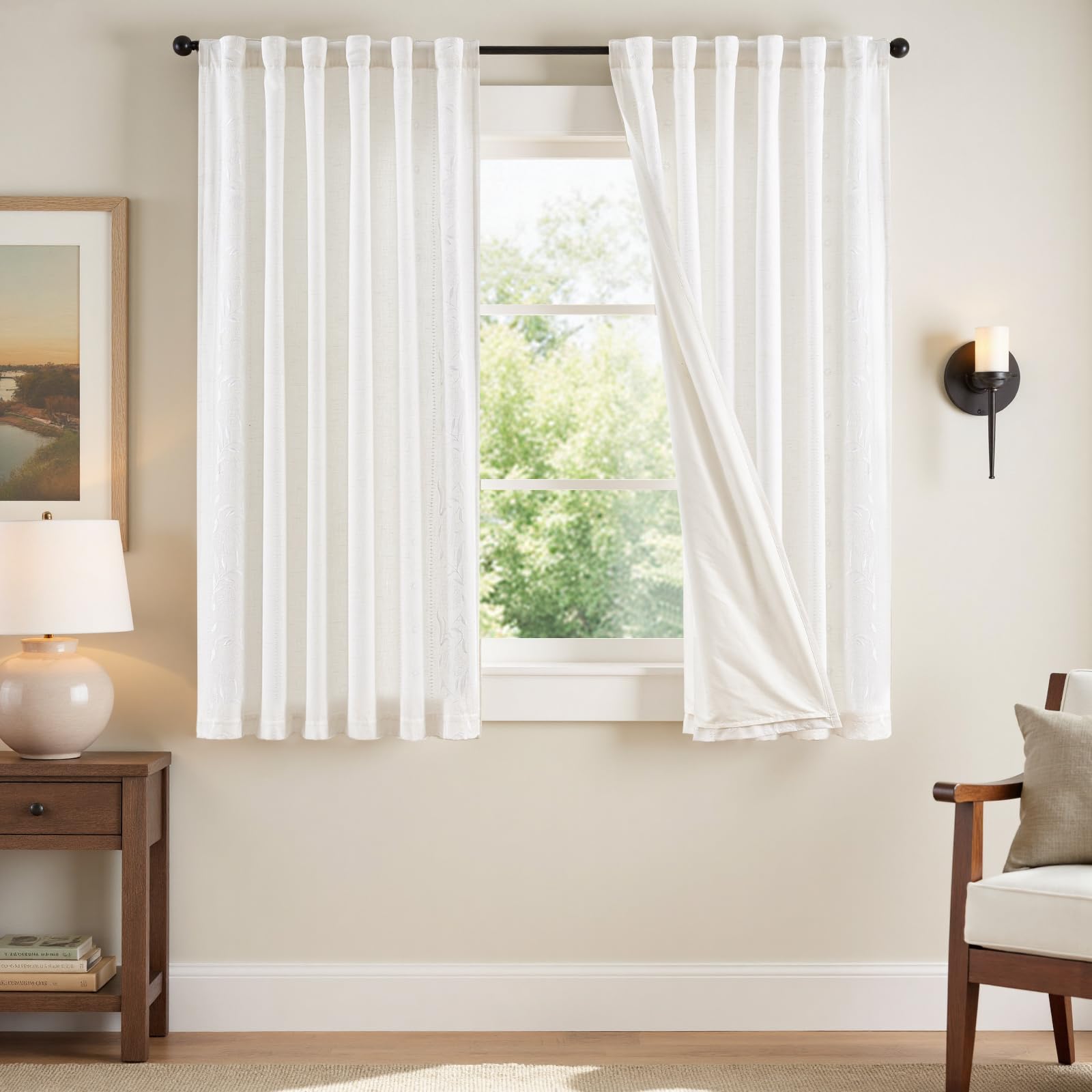 jinchan Winslow Linen Curtains for Bedroom 84 Inches Length Embroidered Bordered Floral Curtains for Living Room Farmhouse Decor Light Filtering Window Treatments Ivory on Beige Drapes 2 Panels