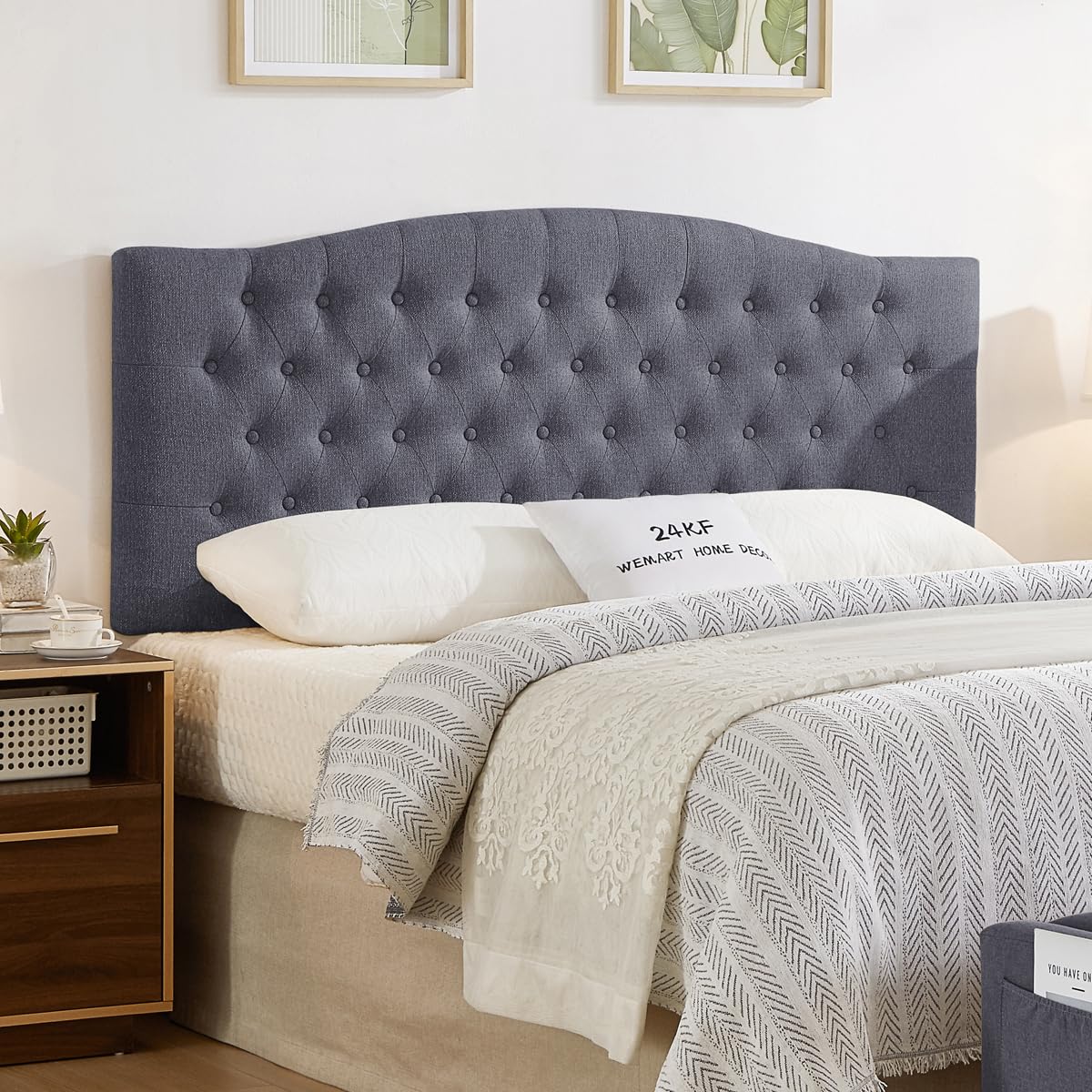 24KF Upholstered Tufted Button Linen Fabric Headboard,Comfortable Fashional Headboard Queen/Full Size,Ivory