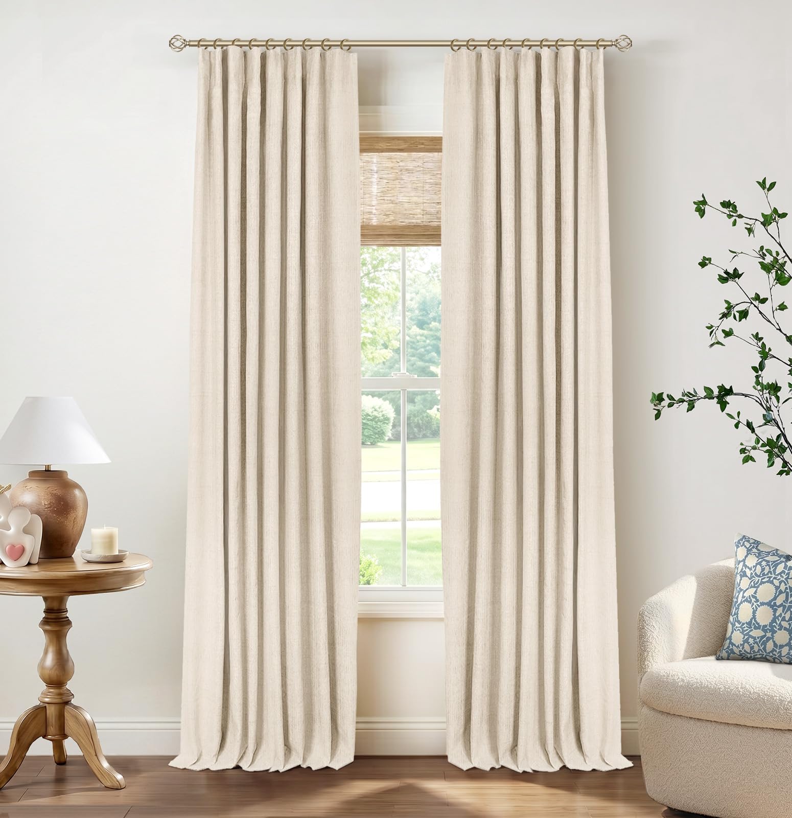 INOVADAY 100% Blackout Curtains for Bedroom, Black Out Curtains 84 Inch Long, Clip Rings Linen Blackout Drapes, Thermal Insulated Room Darkening for Living Room, 2 Panels - Beige,W50xL84