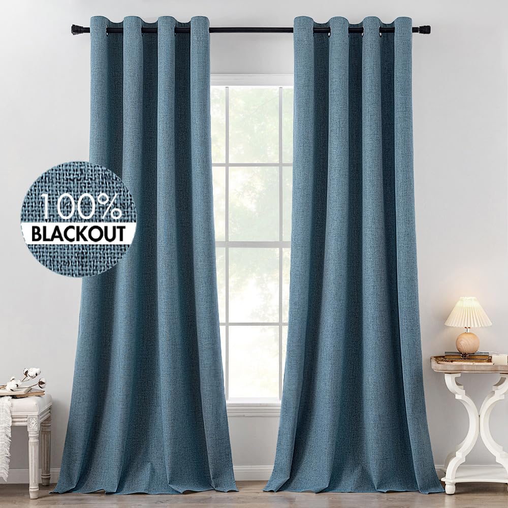 MIULEE Linen Texture Curtains for Bedroom Solid 100% Blackout Thermal Insulated Dusty Blue Curtains Grommet Room Darkening Drapes Luxury Decor for Living Room Nursery 52x84 Inch (2 Panels)