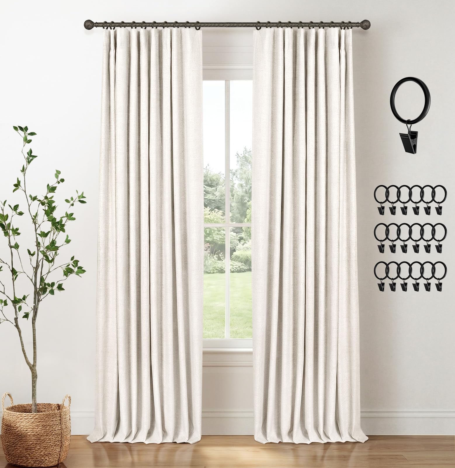 INOVADAY 100% Blackout Curtains for Bedroom, Black Out Curtains 84 Inch Long, Clip Rings Linen Blackout Drapes, Thermal Insulated Room Darkening for Living Room, 2 Panels - Beige,W50xL84
